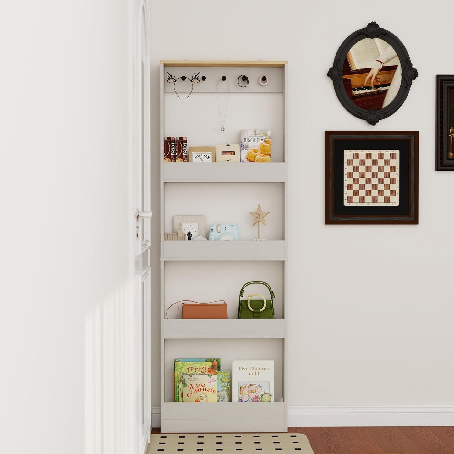 Behind the Door Bookshelf - Ultra Slim Hidden Storage Cabinet for Kids Room | 4-Tier White Wooden Bookcase with Hooks
