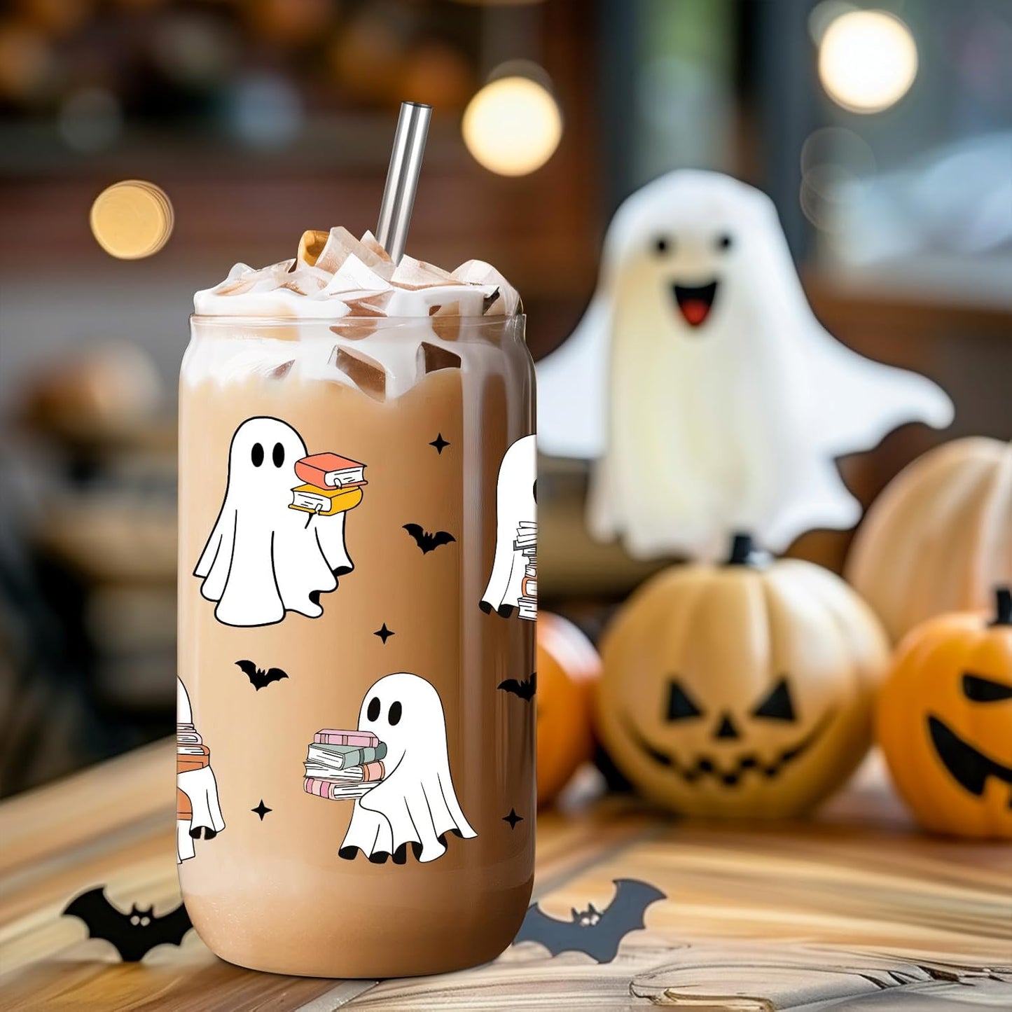 Fairy's Gift Ghost Reader Halloween Cup, Cute Spooky Gifts for Book Lovers, 16 oz Iced Coffee Tumbler Cup w/Lid Straw, Book Themed Bookworm Bookish Reading Halloween Gifts for Women Librarian Reader