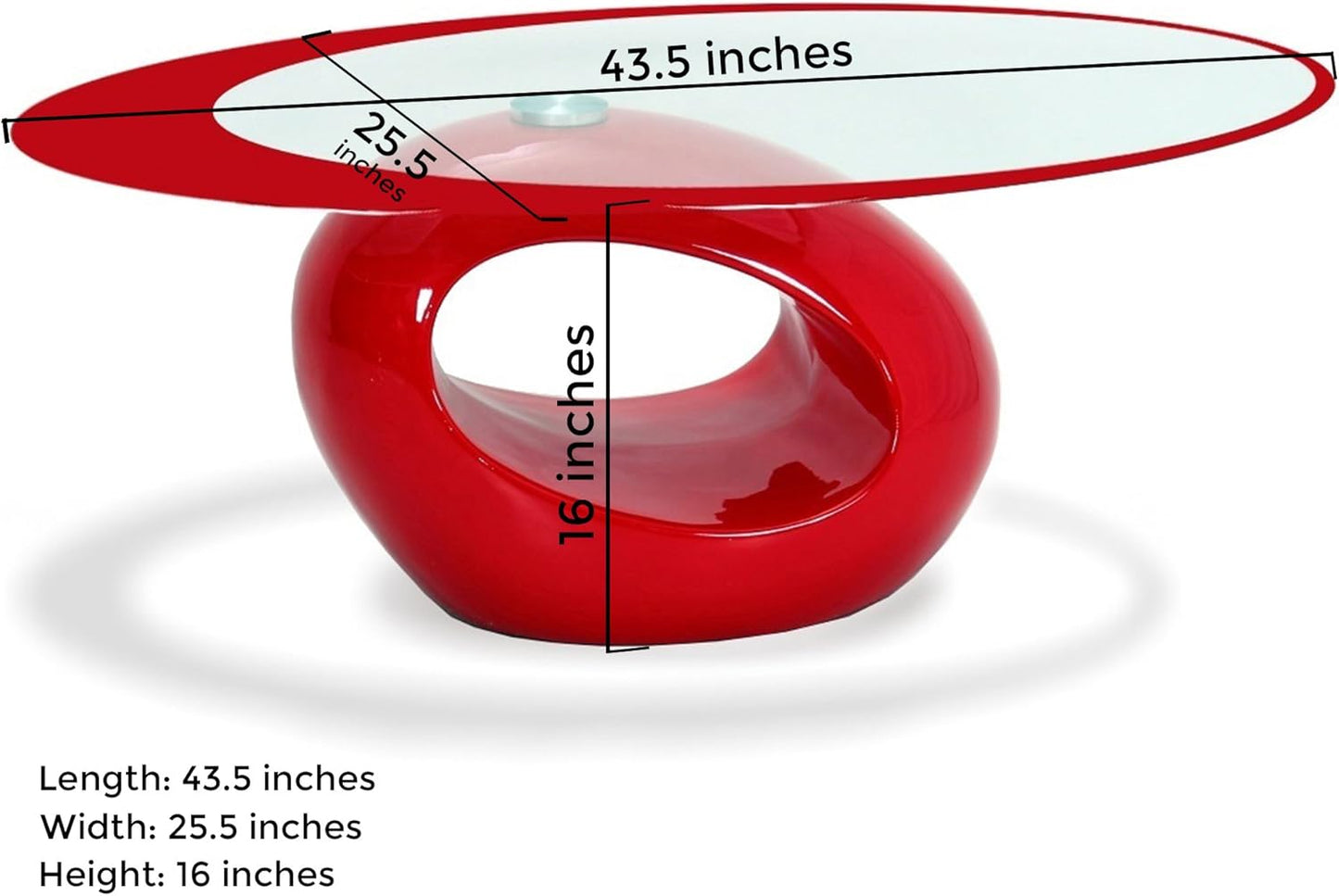 Fab Glass and Mirror Stylish Oval Shape Coffee Table, Red