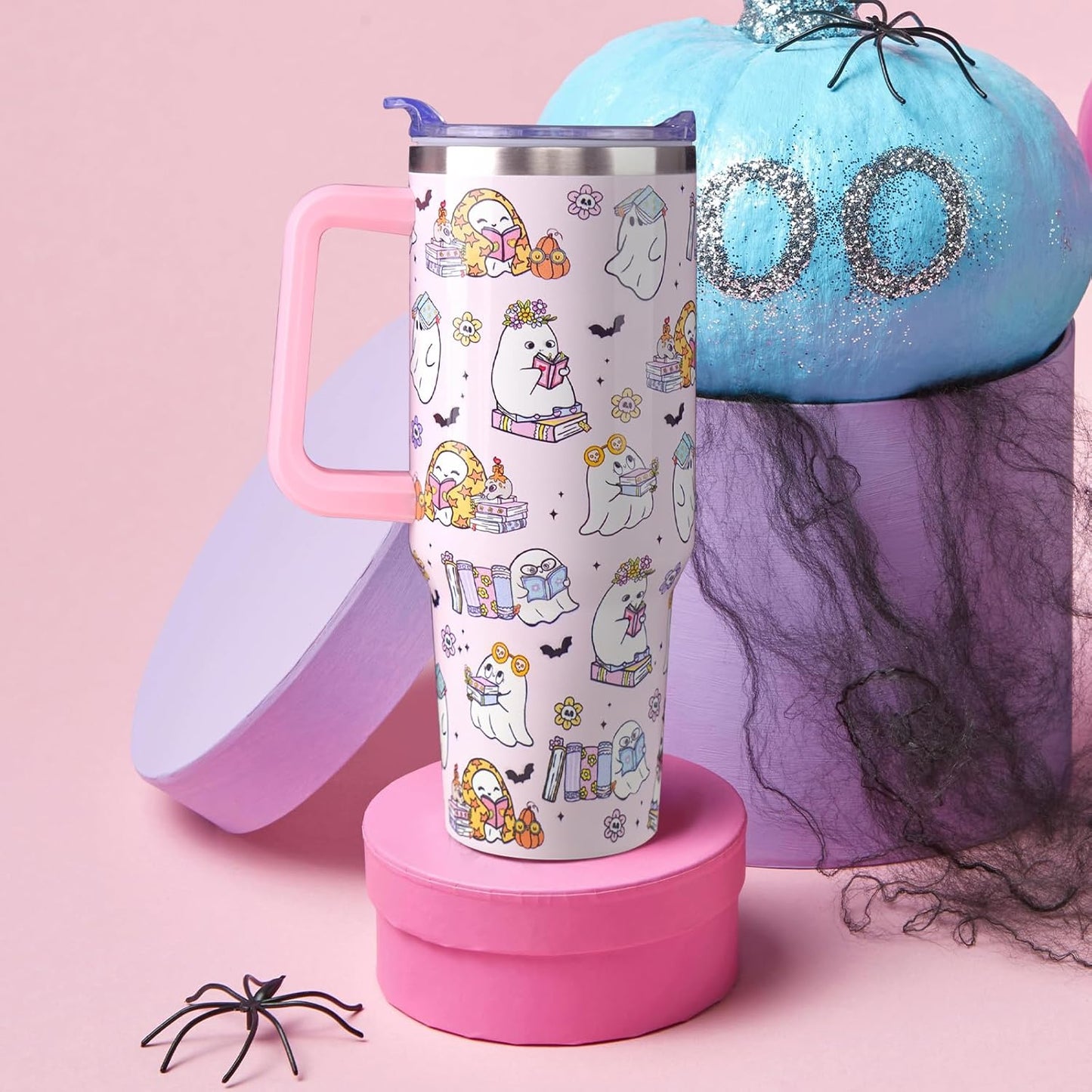 40 oz Halloween Tumbler with Lid and Straw, Stainless Steel Insulated Ghost Reading Book Tumbler 40 oz, Reusable Ghost Cup with Leak Proof Lid, Halloween Gifts for Women