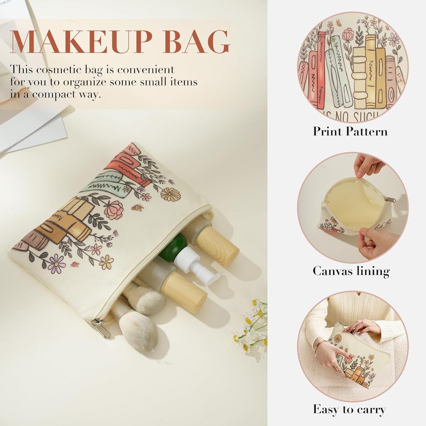 BROADREAM Canvas Tote Bag for Girls, Reusable Large Shoulder Bag with Zipper & Small Cosmetic Bag for Gym, Work, Shopping