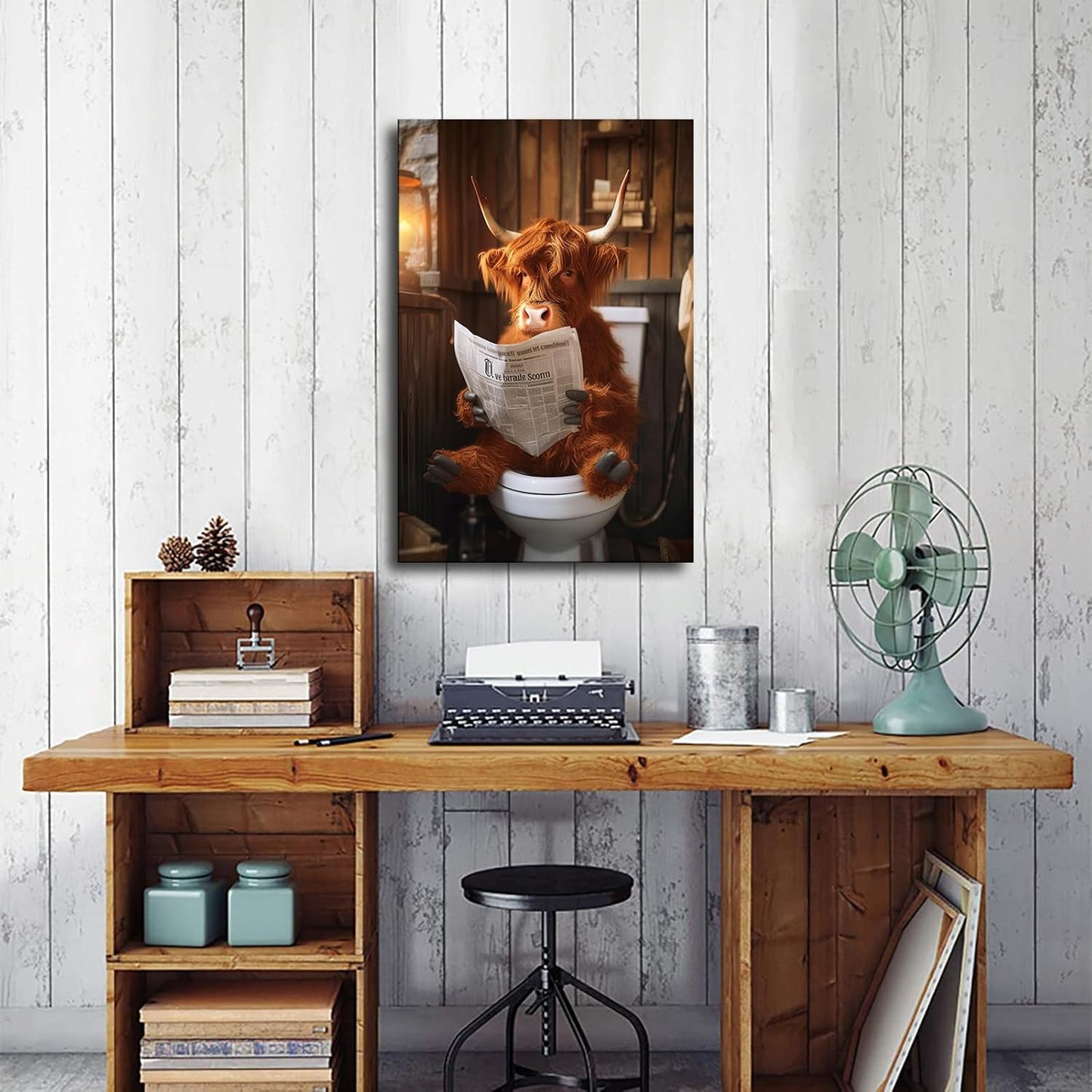 chenmjj Cow Reading The Newspaper Sitting on A Toilet Print Poster Picture HD Print Poster Retro Painted Modern Home Bedroom Room Aesthetic Decoration Canvas Art (08x12inch Unframed)