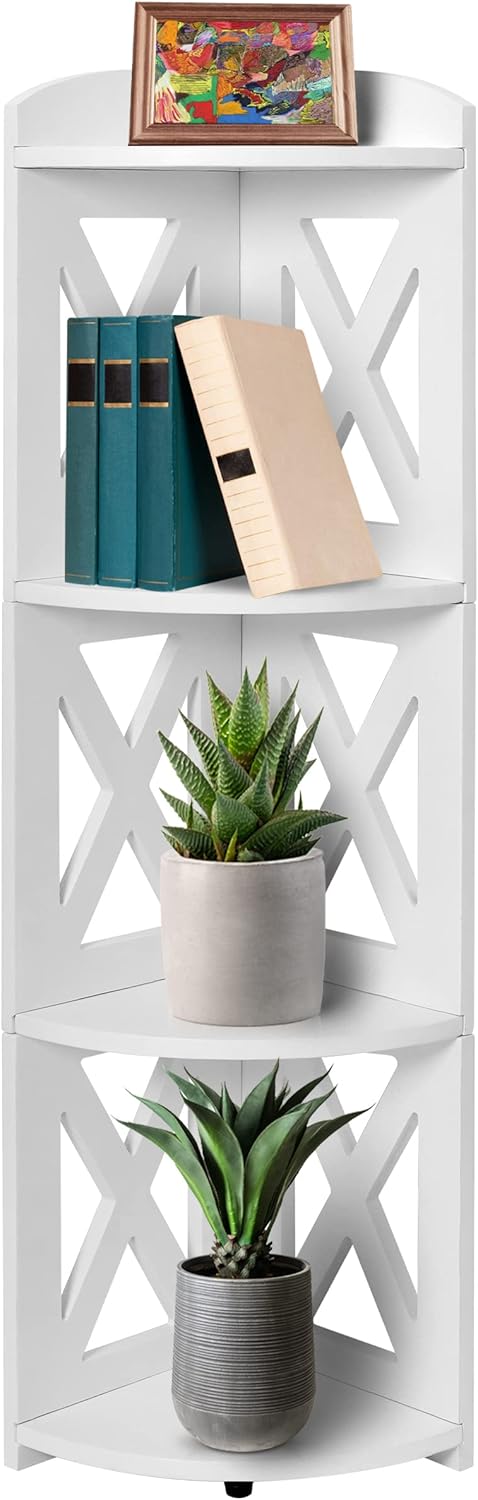 NHZ Corner Shelf Stand, Wood Corner Bookshelf, Corner Bookcase and Plant Stand (White, 4 Tier)