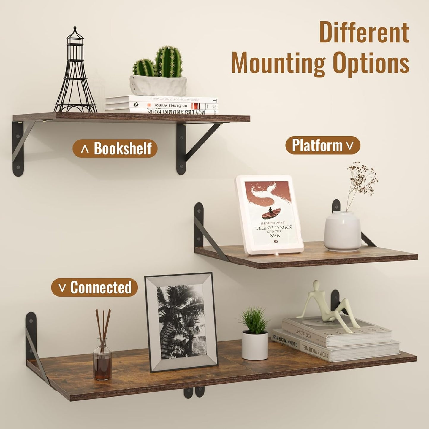 Deep Floating Shelves for Wall, 16W x 12D Wood Shelves Set of 2, Rustic Wood Floating Shelves, Wall Mounted Hanging Shelf for Living Room, Kitchen, Office, Bathroom and Bedroom Decor