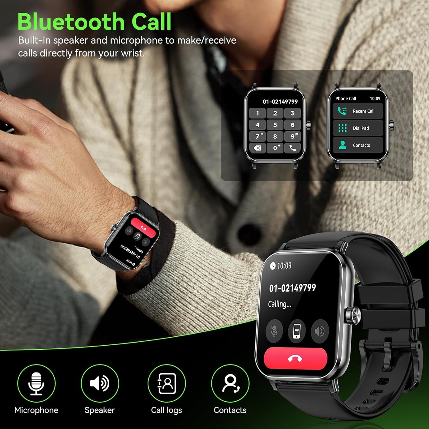 Smart Watch, 1.85" HD Fitness Tracker with Bluetooth Calls, 5 ATM Waterproof, 24/7 Heart Rate/Sleep Monitor, Pedometer, Calories, 130+ Sport Modes, Smartwatch for iOS Android (Black)