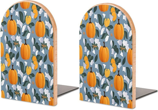 Orange Pumpkin Pattern Bookends 1 Pair Heavy Duty Book Ends for Shelves Non-Skid Bookend Supports Wooden Book Holders with Metal Base Desk Organizers Books Storage to Hold Books