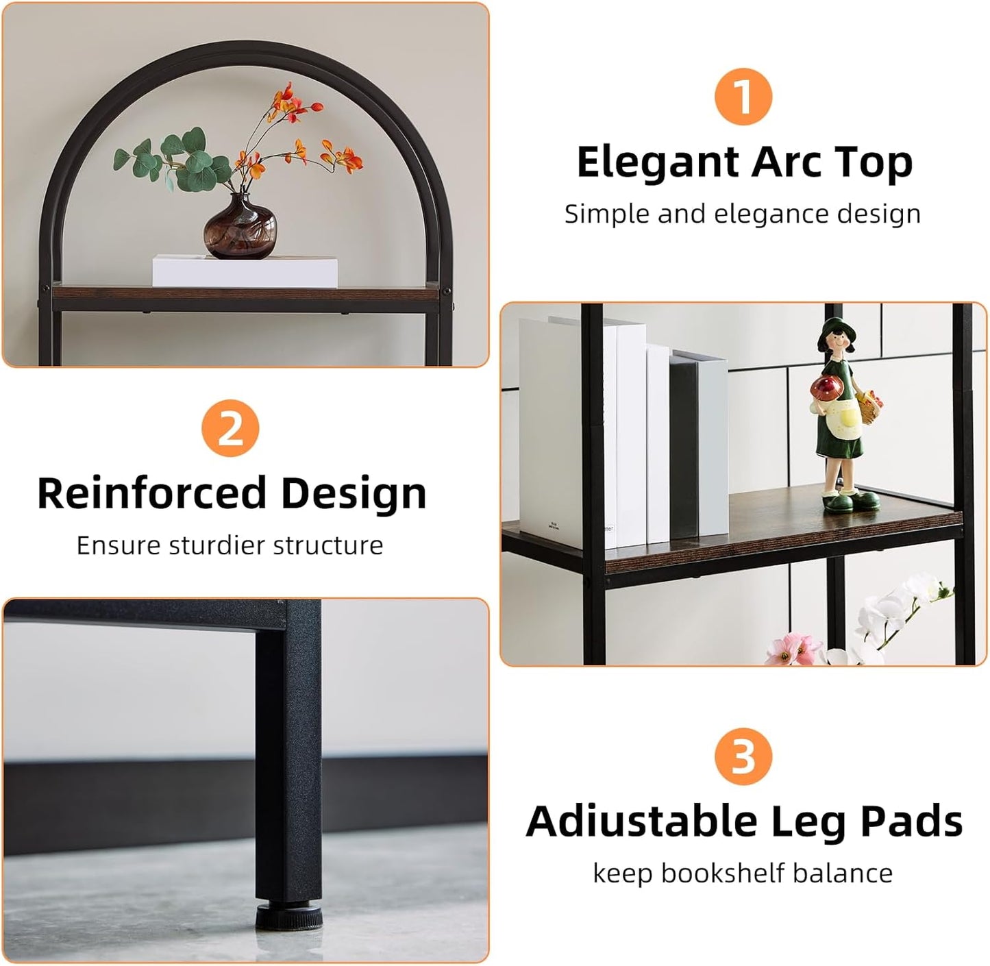 Garvee Arched Bookshelf 4 Tier,Arched Display Racks,Tall Standing Bookshelves with Metal Frame,Modern Open Storage Shelf Display Rack for Bedroom, Living Room, Home Office