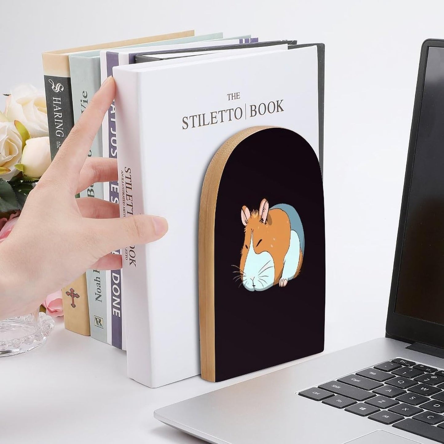 Smiling Wooden Bookend Non-Slip Book Ends Heavy Duty Book Stopper with Metal Base Books Holderd Decorative Bookends Stands Firmly for Office Supplies