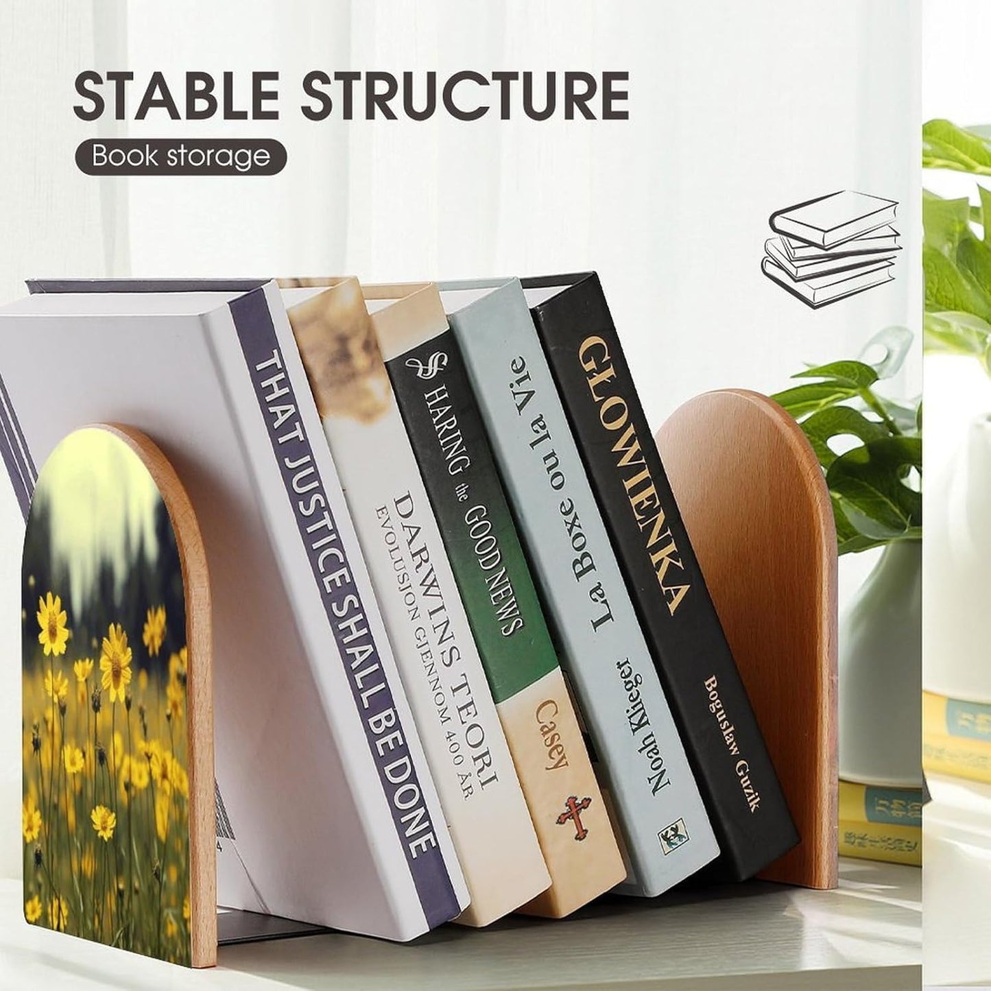 Summer Yellow Flowers Bookend for Shelves Wooden Book End Large Size Sturdy Book Holders Stoppers with Metal Base for Bookshelves Slick Decorative Bookends Stands