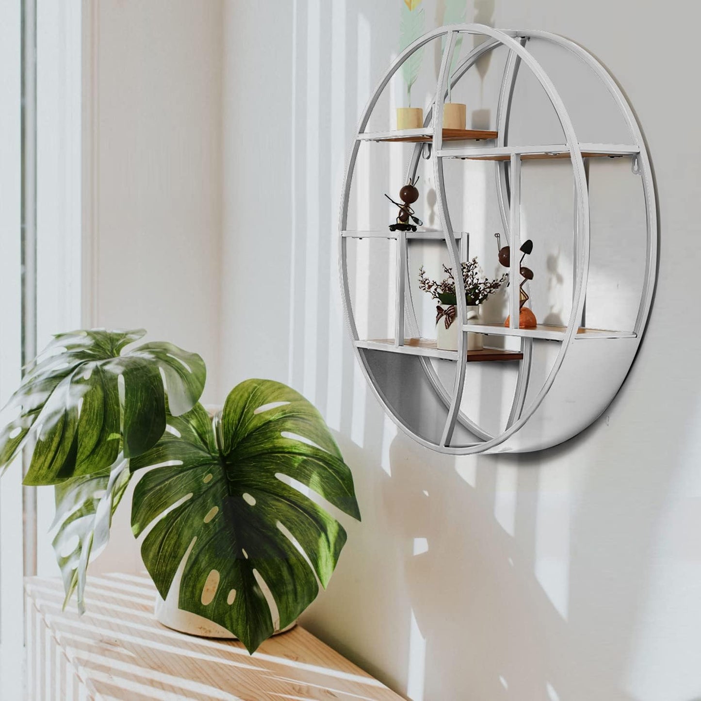 Round Wall Shelf,24 inch Metal Circle Shelf Wood Floating Shelves,Rustic Silver Wall Mounted Display Organizer Shelf for Fireplace,Living Room,Bathroom