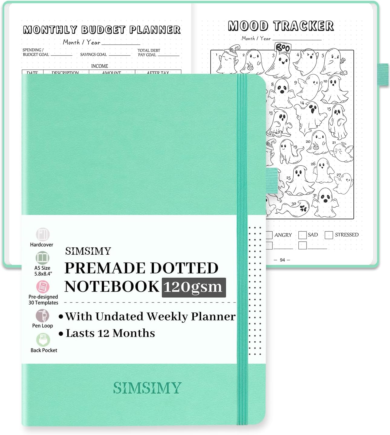 Premade Bullet Dotted Journal Notebook, Pre-made Dot Grid Journaling with Undated Weekly & Monthly Planner - 12 Month Organization for Habit / Mood / Meals / Sleep / Exercise Trackers,