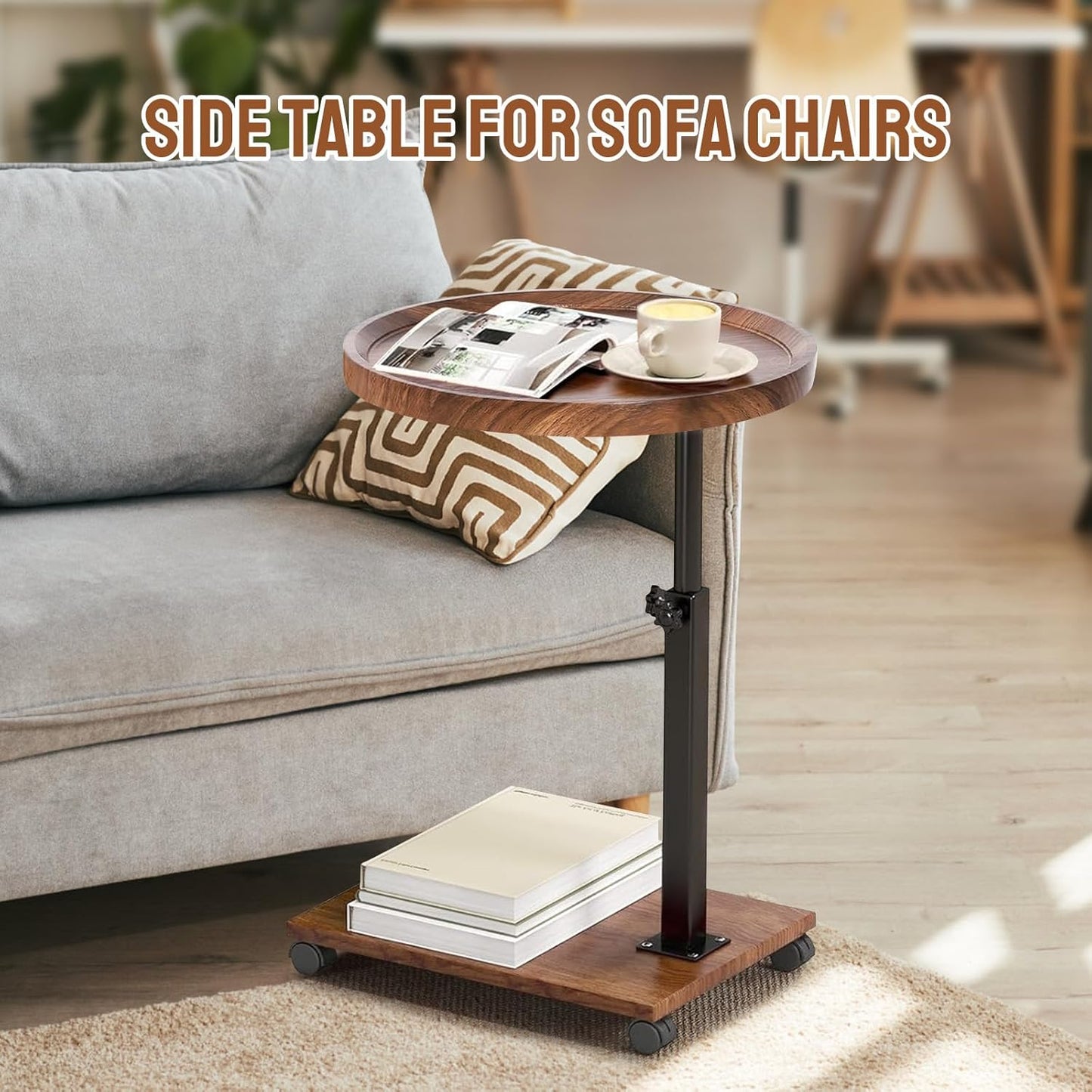 Adjustable C Shaped Side Table, C Table End Table with Wheels for Sofa, 360° Swivel Sofa Table for Livingroom,Bedroom,Study and Small Spaces,Bedside Table (Round,Walnut Wood)