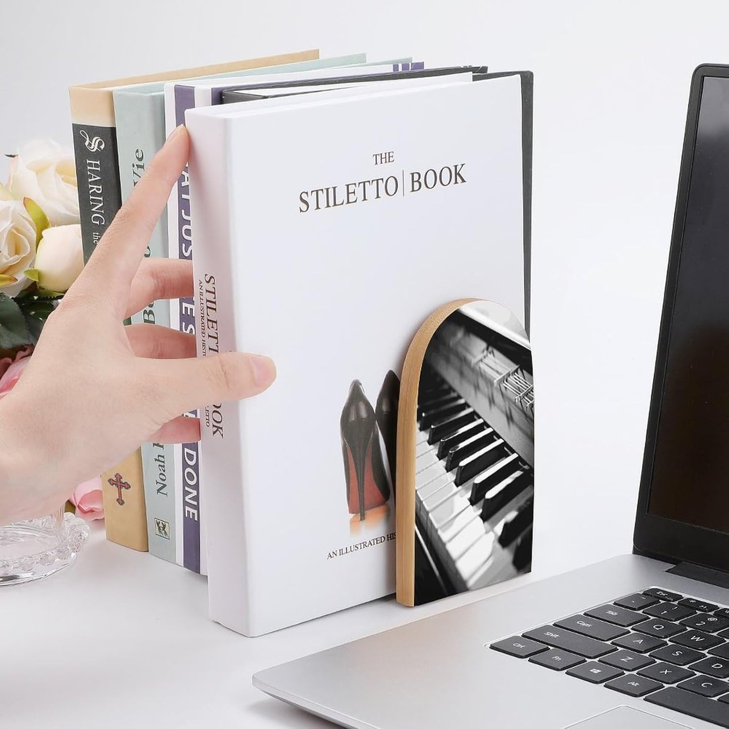 Piano Image Bookends 1 Pair Heavy Duty Book Ends for Shelves Non-Skid Bookend Supports Wooden Book Holders with Metal Base Desk Organizers Books Storage to Hold Books