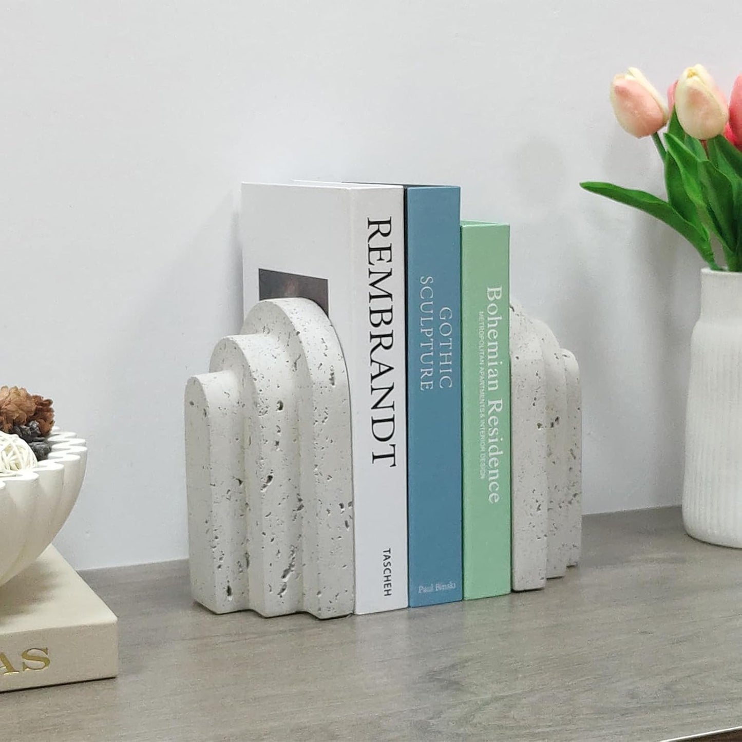 Decorative Book Ends for Shelves - Boho Aesthetic Bookends Decor - Heavy Duty Travertine Book Stopper Holder for Home Office Desk Coffee Table (Grey)