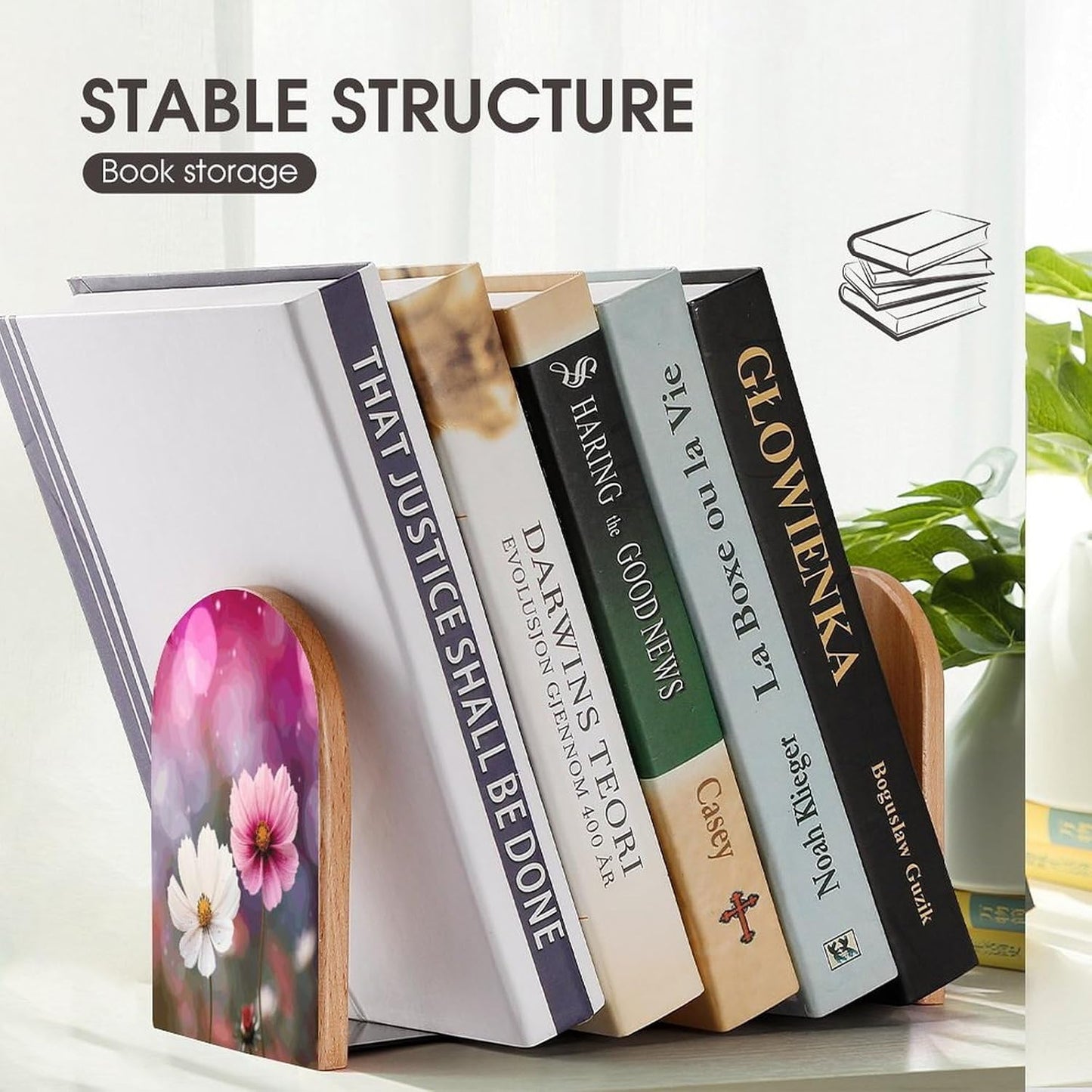 Two Peach Flowers Bookends 1 Pair Heavy Duty Book Ends for Shelves Non-Skid Bookend Supports Wooden Book Holders with Metal Base Desk Organizers Books Storage to Hold Books