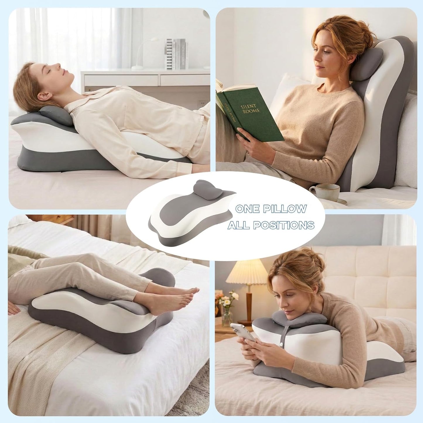 Memory Foam Ergonomic Reading Pillow for Bed, Multi-Position Support Pillow for Reading in Bed, Prone Sleeping, Lumbar & Leg Support, Helps Relieve Back Pain, Acid Reflux, with Removable Cover