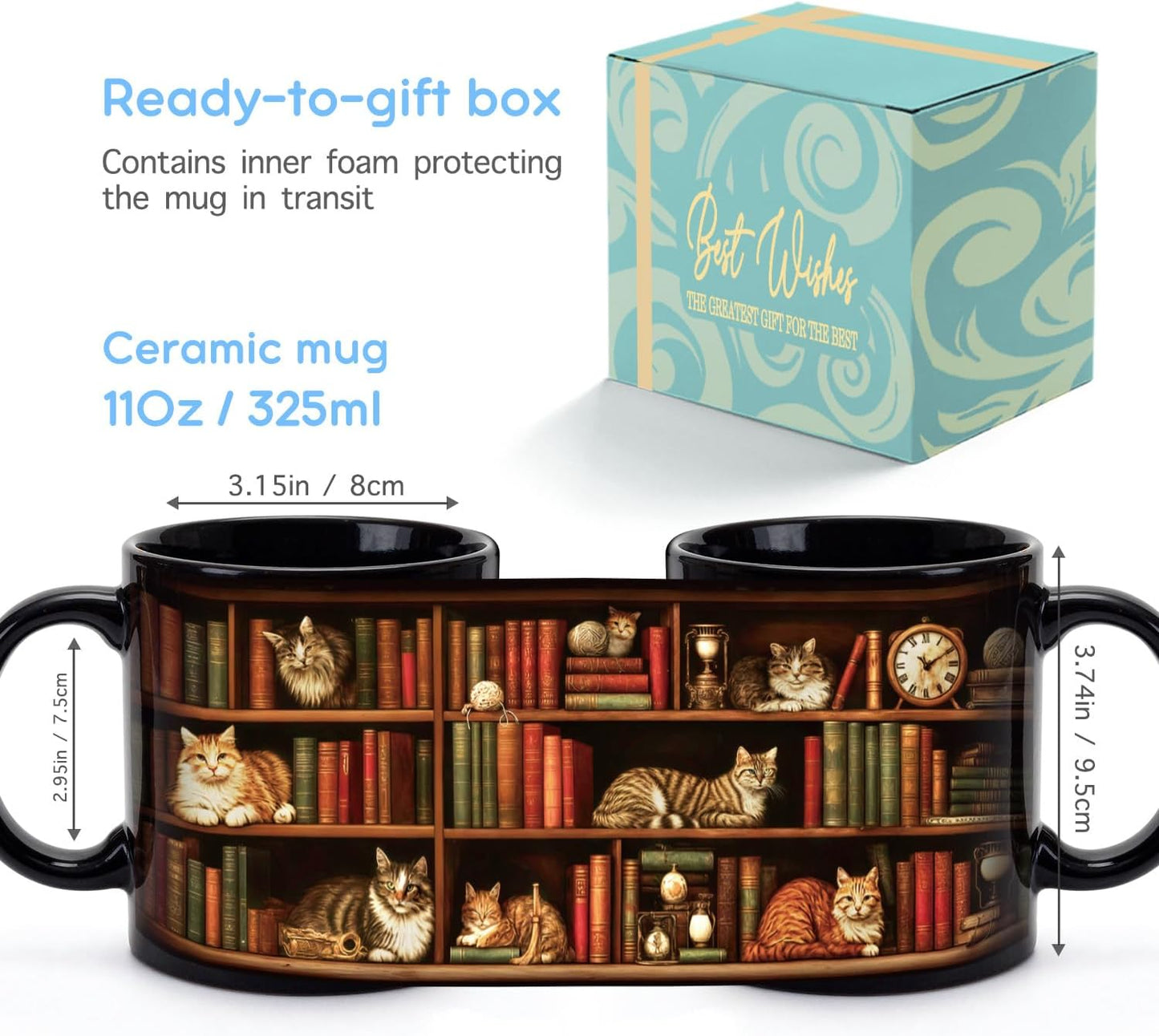 Cat Bookshelf Coffee Mug Gifts for Book Lovers, Book Lover Bookish Gifts for Bookworm Women Readers Librarian Writer, Cat Lovers Black Mugs 11oz