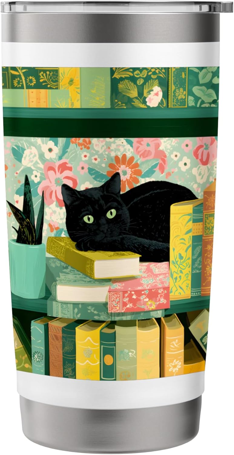 Lounging Cat on Vintage Bookshelf with Plant and Florals Stainless Steel Insulated Tumbler