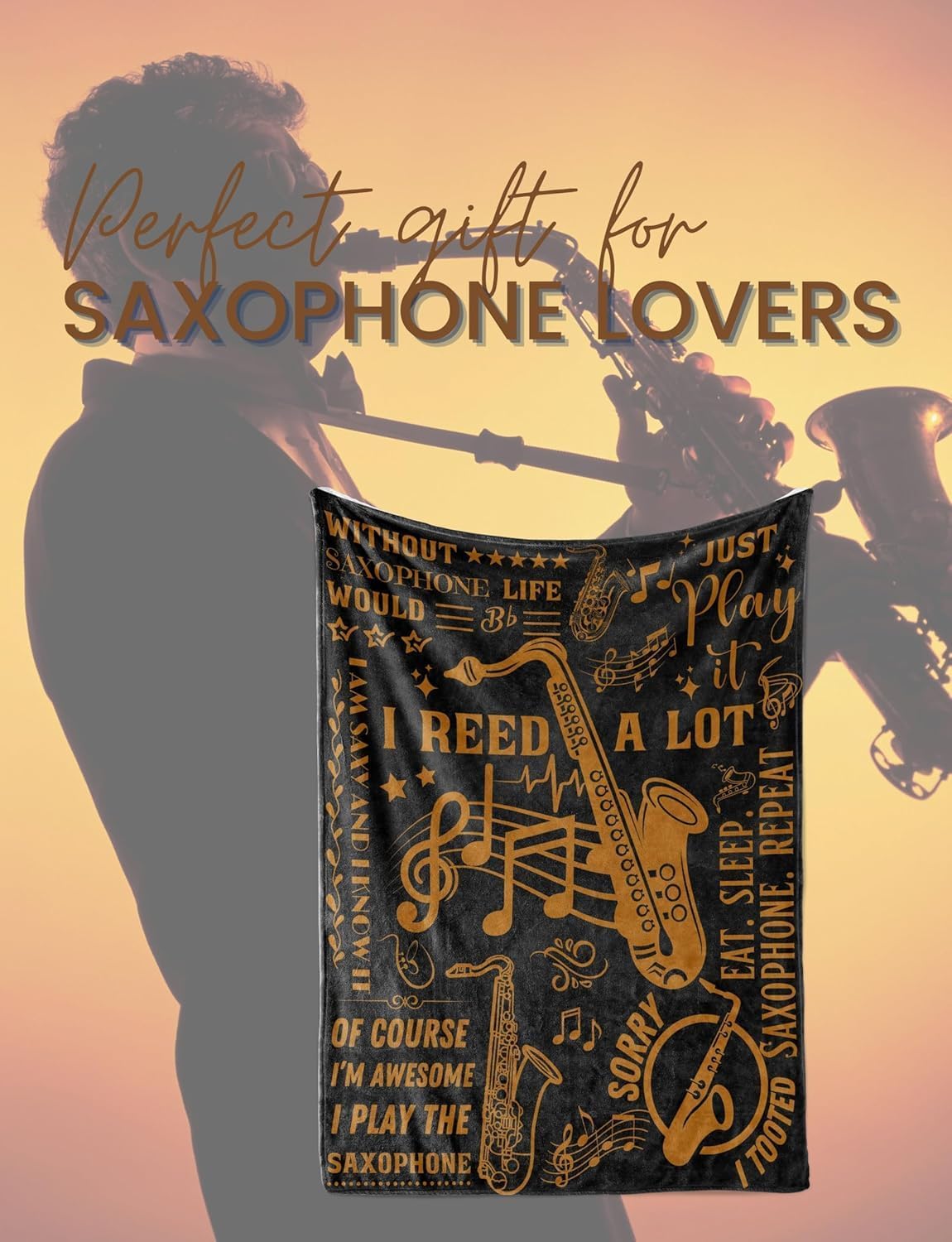 Saxophone Gifts, Bed Flannel Plush Throw Blankets, Jazz Gifts for Jazz Lovers on Birthday, Christmas, 50"x 65"