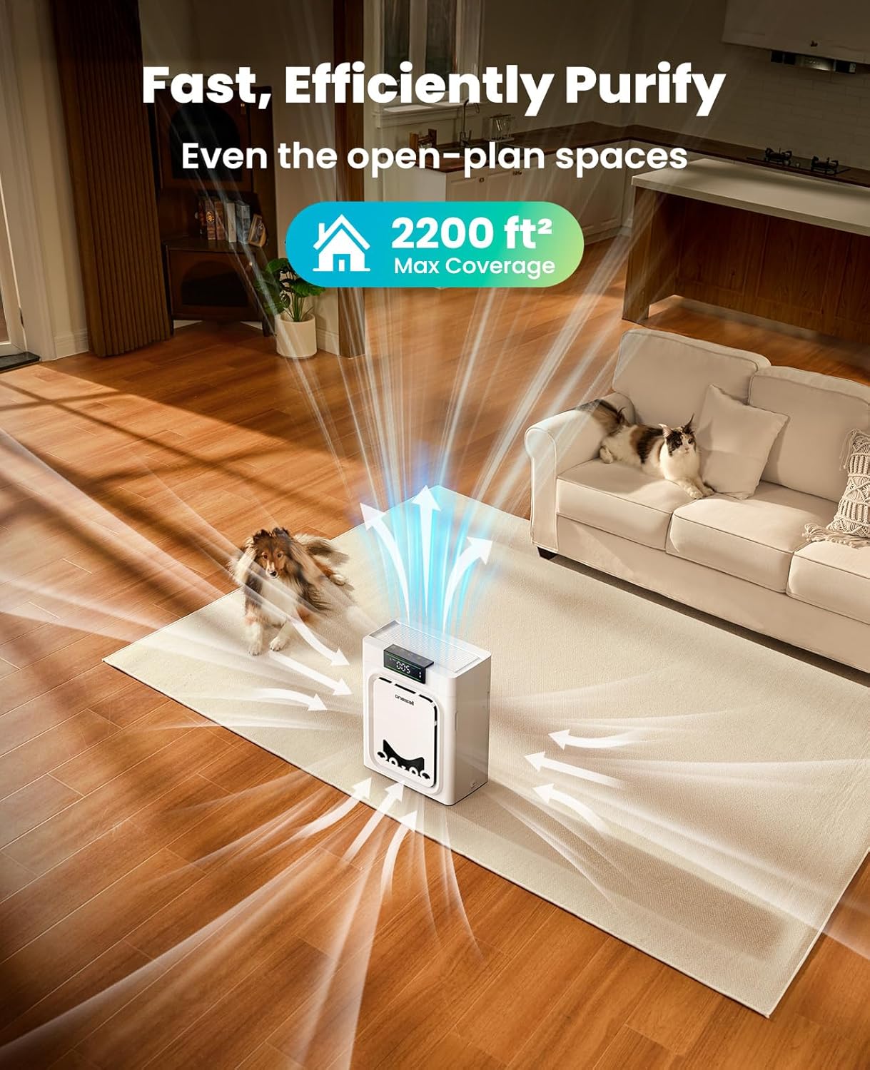 oneisall Air Purifiers for Home Pets with Double-Sided Washable HEPA Filters, Large Rooms Up to 2200Ft², Air Purifier for Dander, Odors, Allergens, Pet Fluff Hairs,Pollutants, Smoke, and Dust, PP02