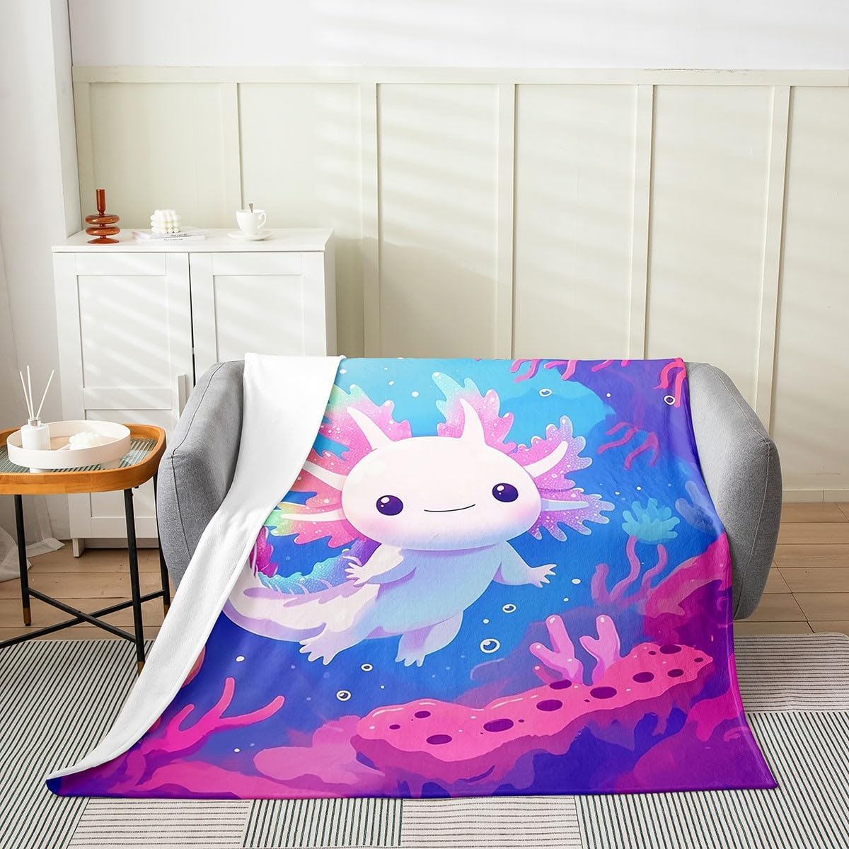 Erosebridal Kids Sealife Axolotl Fleece Blanket Twin 60x80 Inch - Ultra-Soft for Couch Sofa Bed,Ocean Coastal Flannel Blanket,Salamander Fuzzy Plush Throw for Kids Room,Underwater Coral Room Decor