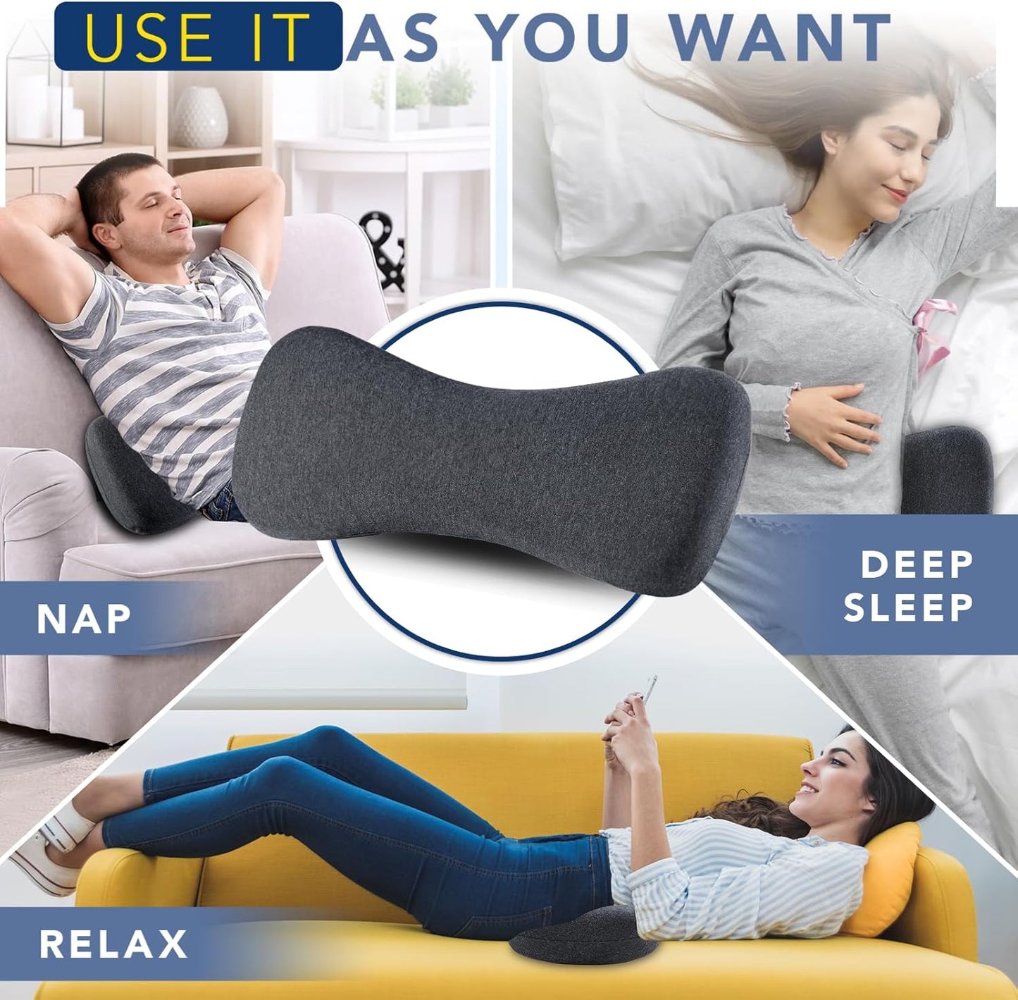 Hapiclody Lumbar Support Pillow for Sleeping Memory Foam Lumbar Pillow for Lower Back Pain Relief Back Support Pillow for Side,Back and Stomach Sleepers-Bed Wedge Bolster Pillow Bed Rest Pillow(Gray)