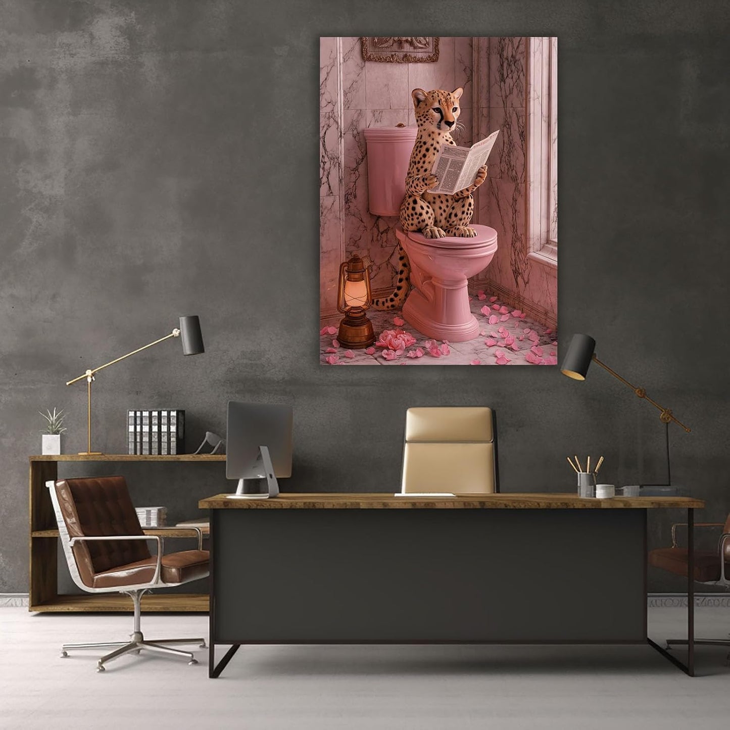 Mudket Funny Cheetah Poster Canvas Wall art for Bathroom, Framed Ready to Hang, Modern Cool Pink Leopard Reading Picturess Art for Toilet Restroom Powder Room Decor - 24" L x 16" W