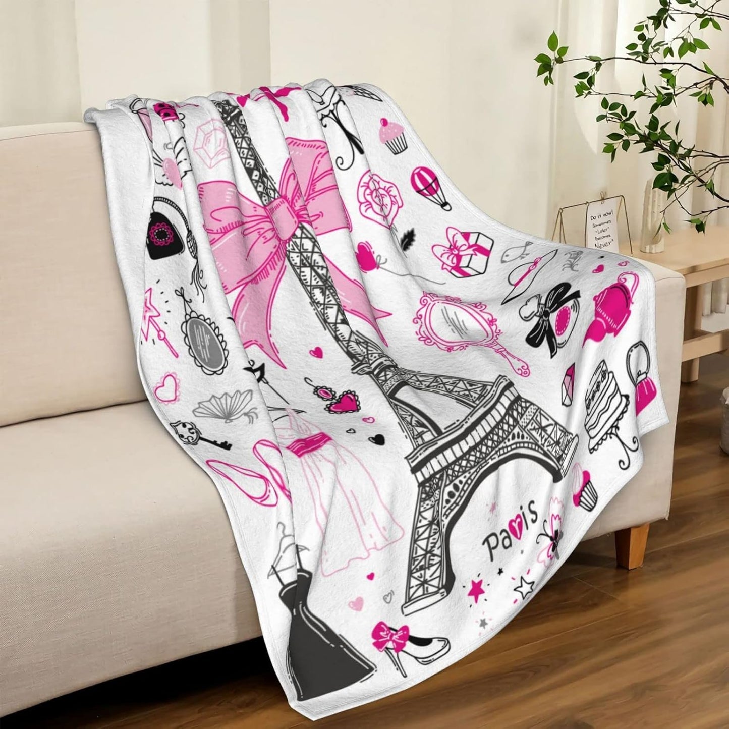 Romantic Paris Throw Blanket Girly Pretty for Women Girls Super Soft Warm Bed Bedding Blankets for Couch Bedroom Sofa Office Decor, All Season Cozy Flannel Plush Blanket Gifts, 60 X 40 Inch