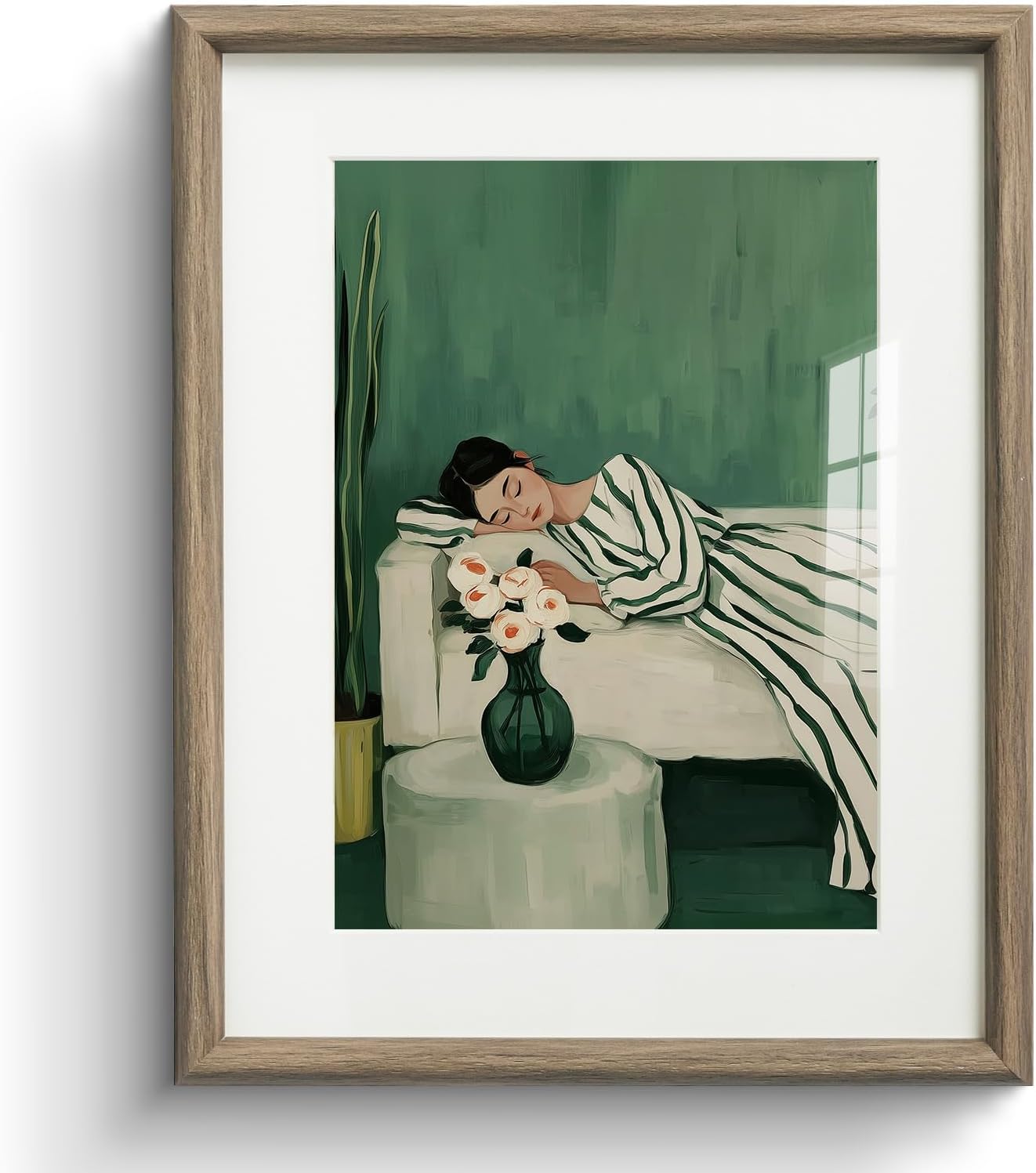 ARPEOTCY Framed Canvas Wall Art, 11x14 Inch Minimalist Woman Resting on Bed Print, Modern Green Aesthetic Wall Decor for Bedroom or Living Room