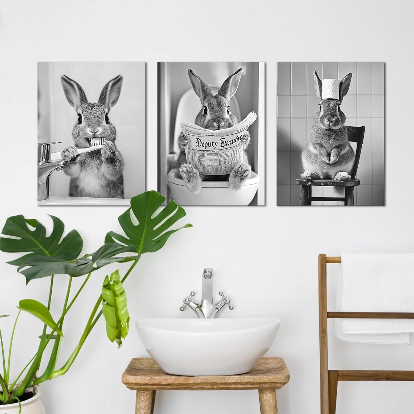 PoGoXiPoYo 3 Pieces Bunny Wall Art Canvas Prints Black and White Cute Rabbit Reading on Toilet Brush Teeth Bathroom Wall Decor Modern Artwork for Restroom 12"x16"x3