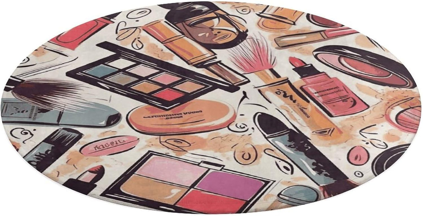 Cosmetic and Makeup Theme Pattern Circle Rug Retro Luxury Coral Velvet Floor Mat Non Slip Soft Indoor Floor Carpet Comfy Thickened Area Rugs Modern Aesthetic Minimalist Carpets for Home Decor