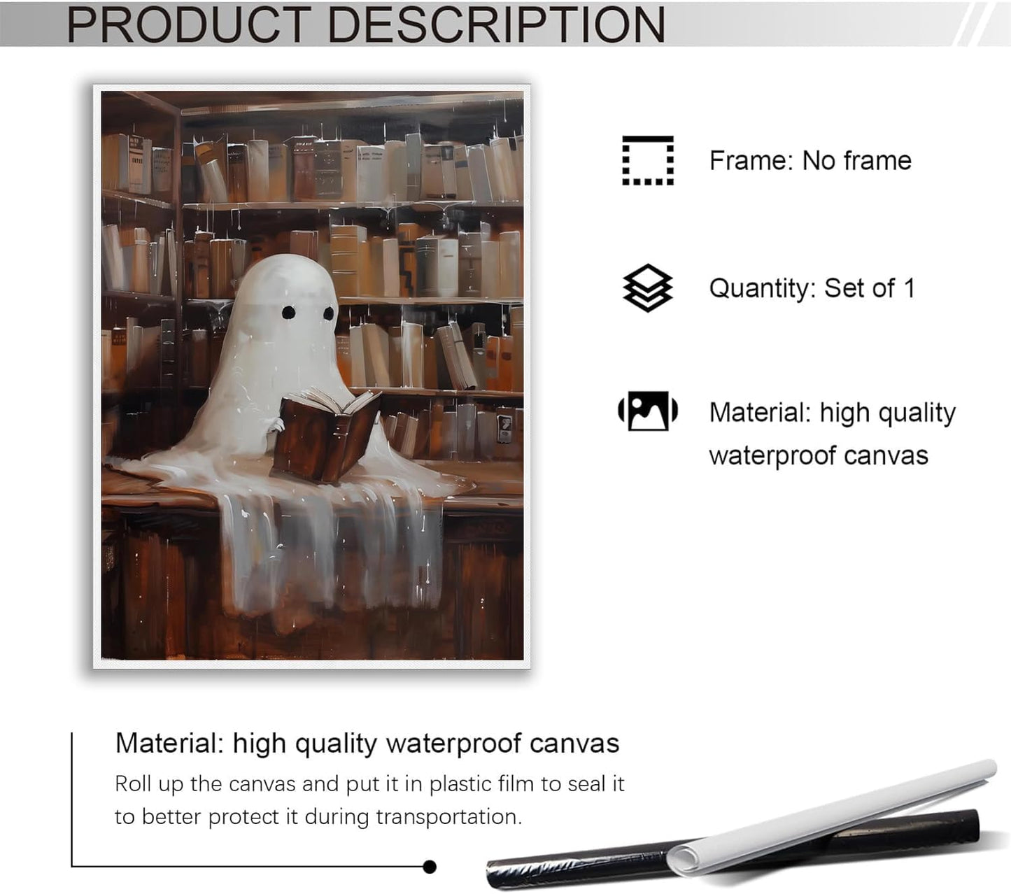 Vintage Cute Ghost Canvas Wall Art,Cute Ghost Reading in Library Halloween Cottagecore Decor,Gothic Dark Academia Wall Decor, Vintage Wall Art Poster Ghost Halloween Pictures 12x16in Unframed