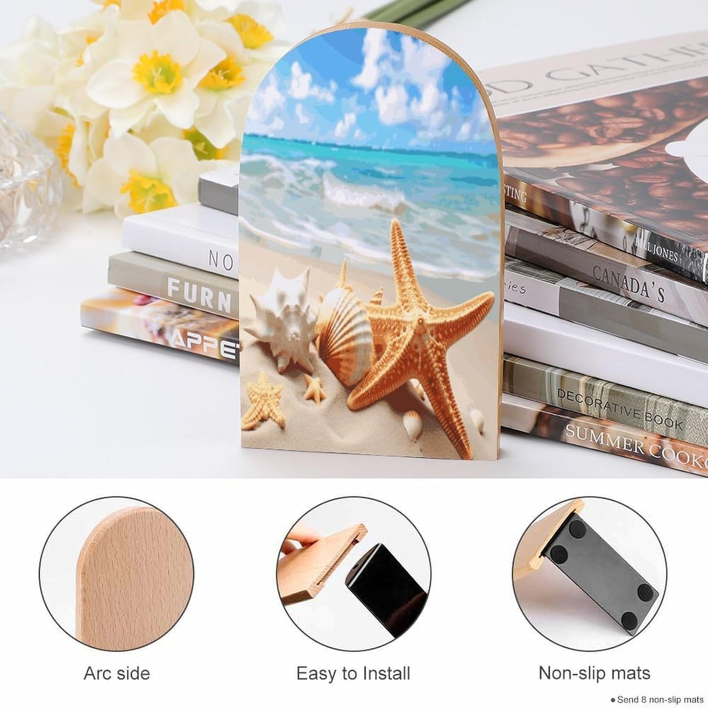 Starfish Seashell Ocean Beach Bookends 1 Pair Heavy Duty Book Ends for Shelves Non-Skid Bookend Supports Wooden Book Holders with Metal Base Desk Organizers Books Storage to Hold Books