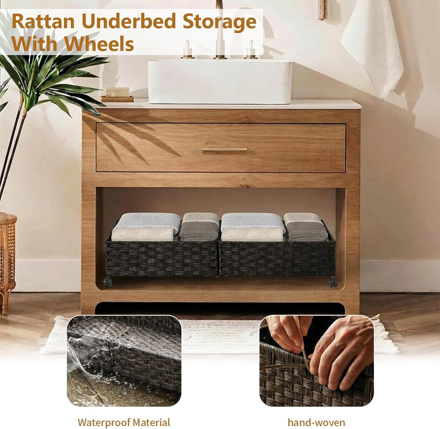 Under Bed Storage with Wheels, 40L Large Rolling Underbed Shoes Storage Boxs, Handwoven Rattan Under Bed Storage Organizer Drawers Containers for Clothes,Books,Toys,Brown(31.5 x 15.75 x 6.3 In)