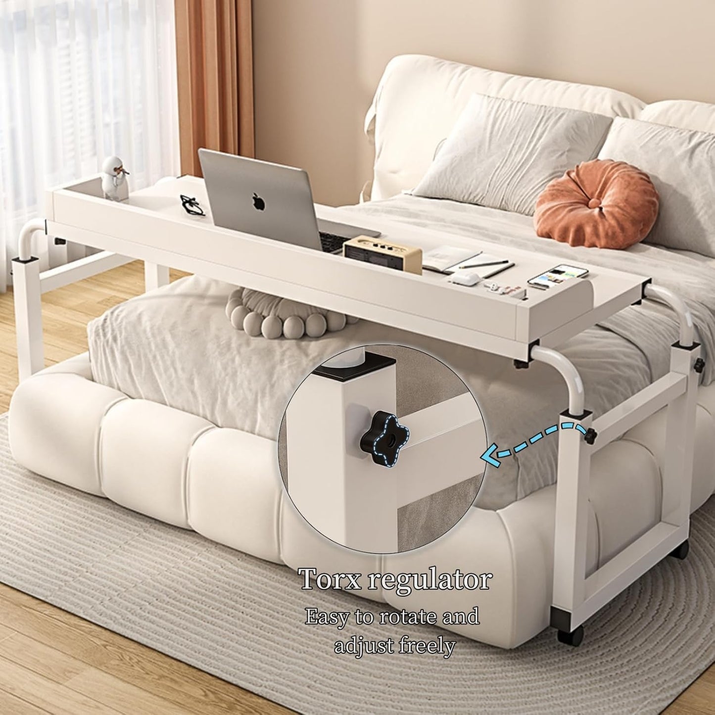 Adjustable Height Overbed Table with Wheels - Perfect Bed Desk for Laptop, Computer, and Reading - Ideal Mobile Desk with Adjustable Wheels - Suitable Over The Bed Table for Home and Hospital Use