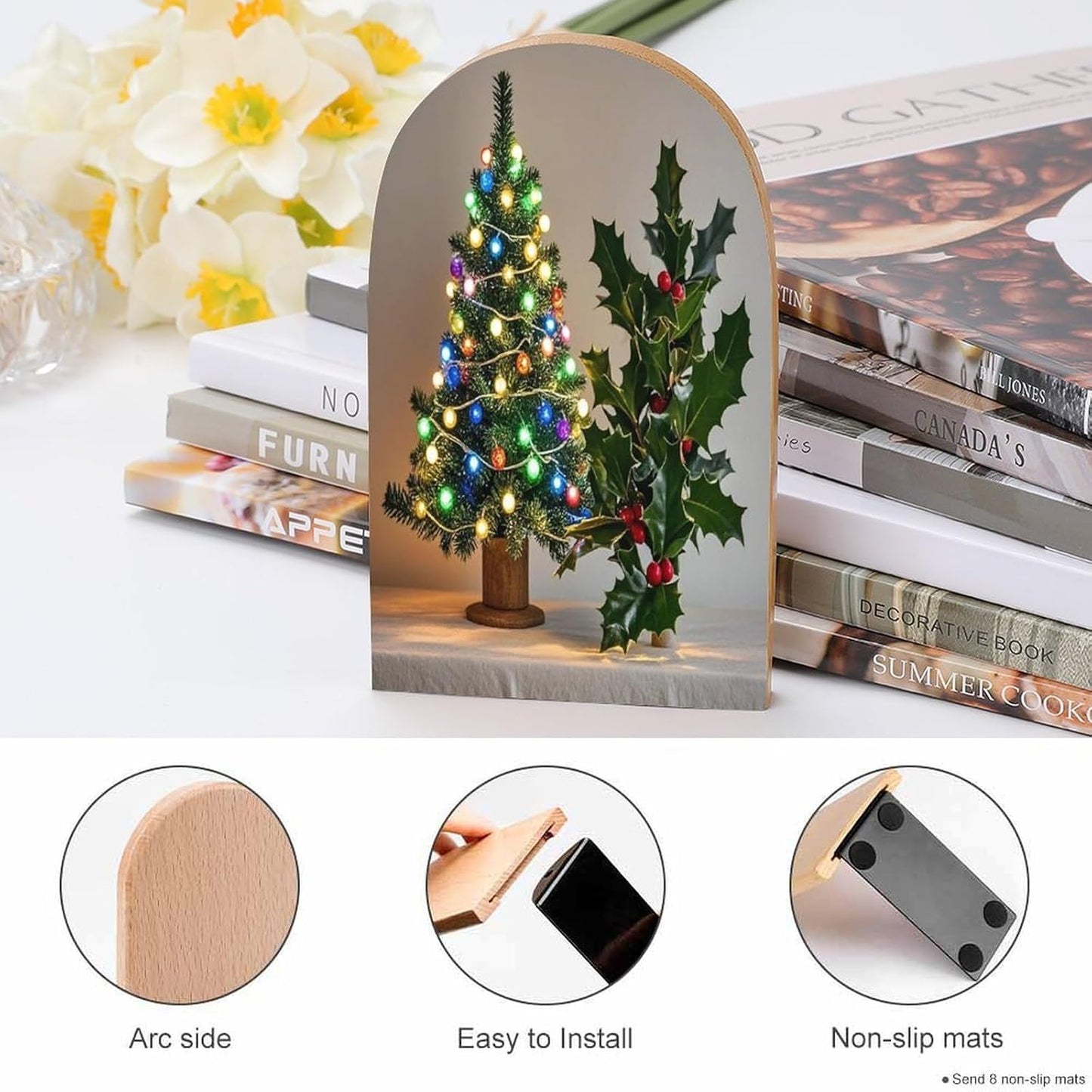 Christmas Tree Holly Bookends 1 Pair Heavy Duty Book Ends for Shelves Non-Skid Bookend Supports Wooden Book Holders with Metal Base Desk Organizers Books Storage to Hold Books