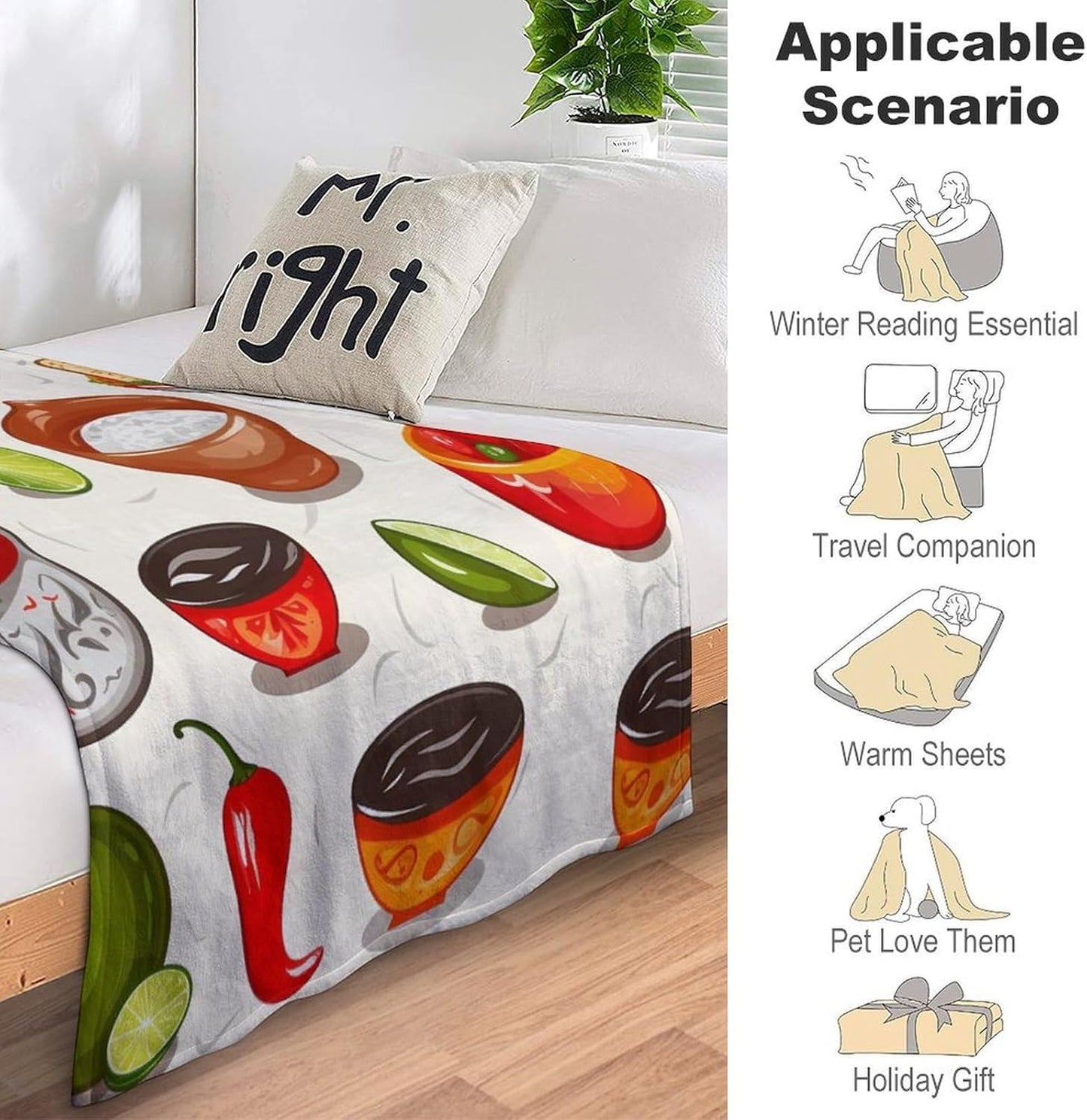 Custom Flannel Fleece Throw Blanket for Adults 50x60 Lightweight Mexican Salsa Symbols Bedtime Blanket Soft Warm Blankets for Bed Couch Sofa Camping Picnic Wedding Gift Winter Home Decora