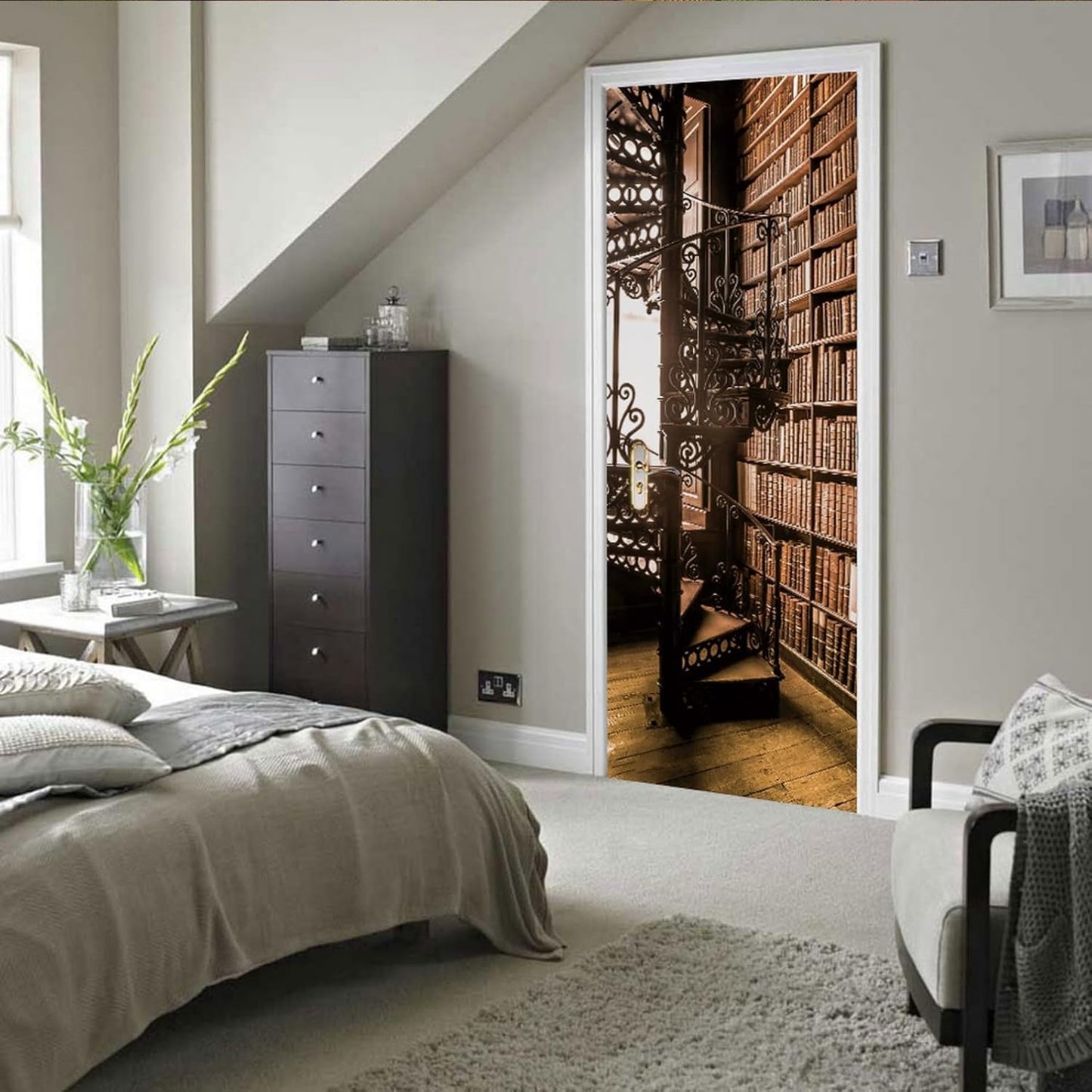 3D Door Stickers for Interior Doors Bookshelf with Books and Spiral Staircase in an Old Library Vinyl Waterproof Self Adhesive Door Mural Decals for Bedroom Office Bathroom 77 x 200cm