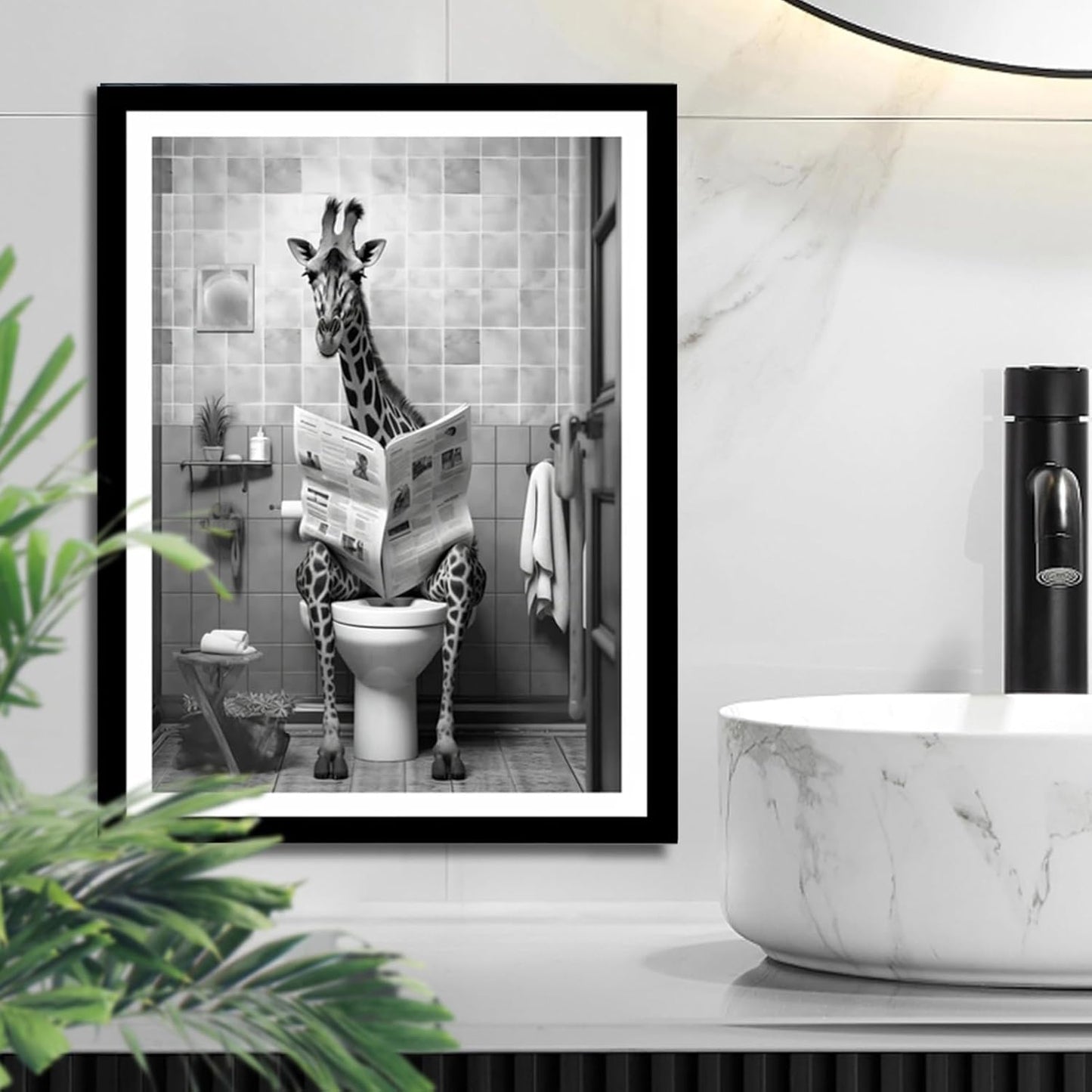 Giraffe Bathroom Decor, Funny Animal Canvas Prints, Humor Poster of Giraffe Reading Newspaper on Toilet for Bathroom, Restroom, Washroom, Hotel, Apartment