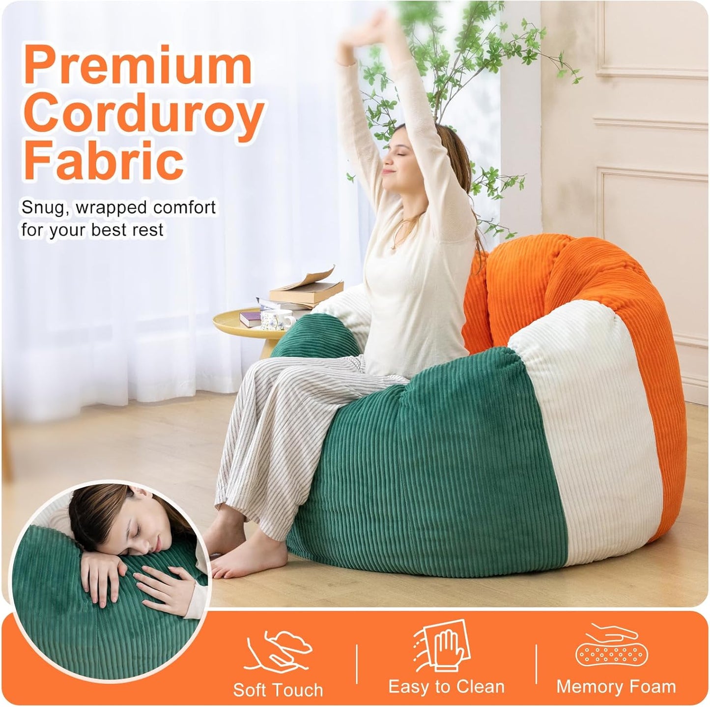 Giant Bean Bag Chairs for Adults,Memory Foam Firm Boneless Floor Gaming Chair Reading Chair,Colorful Plush Corduroy Cover,Comfy Chairs for Livingroom Bedroom Reading Nook Movie Night