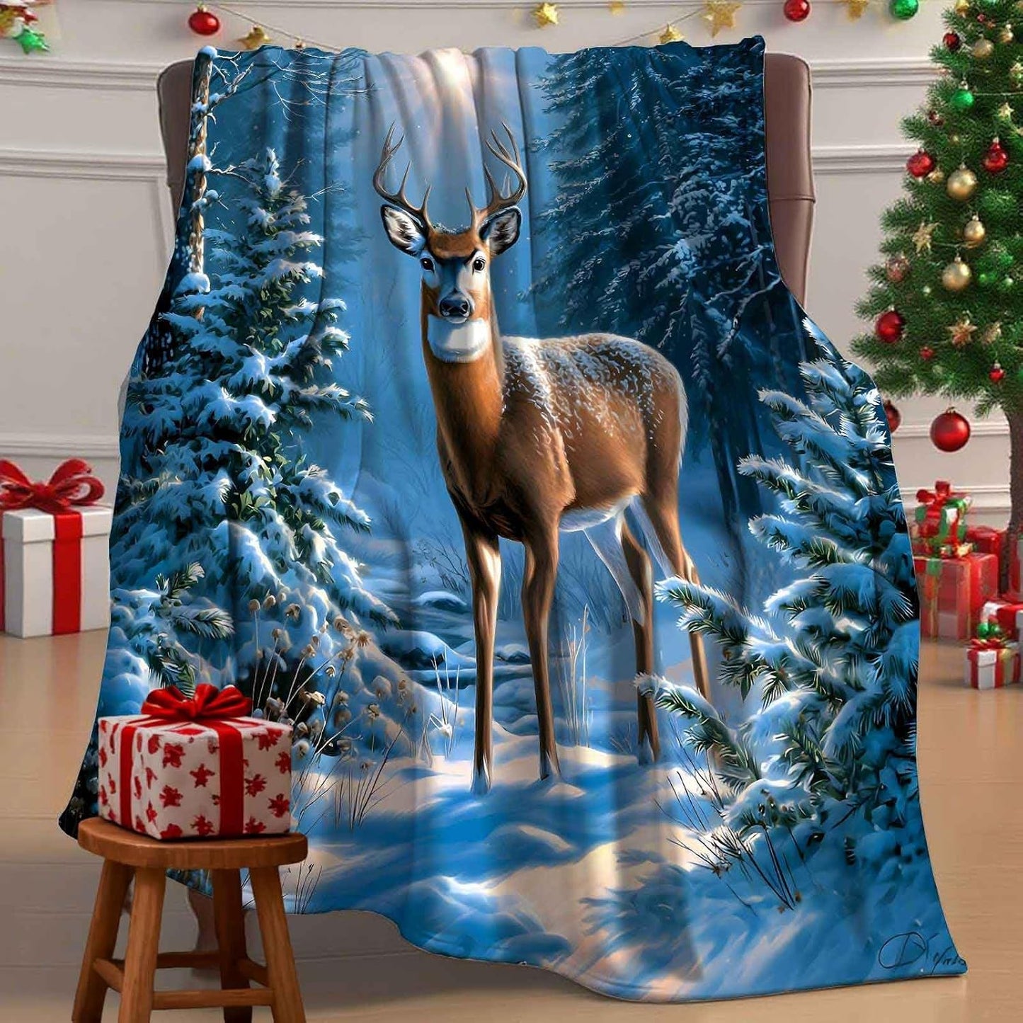 Christmas Throw Blanket Winter Forest Deer Pine Tree Cozy Warm Blankets for Couch Sofa Bed Home Decor Microfiber Flannel All Seasons 50x60 Inches