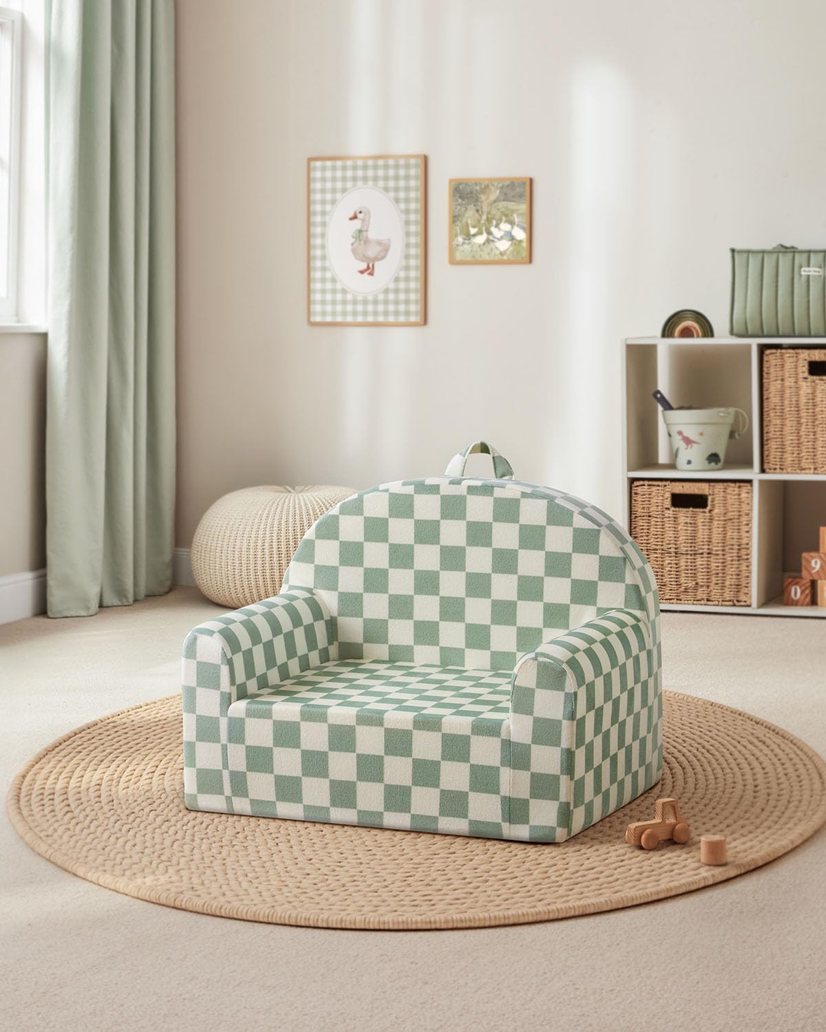 Blissful Diary Toddler Chair, Snuggly Soft Kids Sofa Chair, Supportive Toddler Couch for Boys and Girls, Kids Furniture for Baby Gift, Sage Checkered