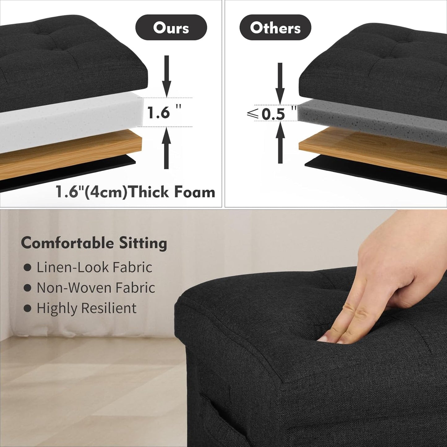Storage Ottoman Foot Rest with Thicker Foam Padded Seat. Small Bench with Storage. 350 lbs Linen Folding Footstool Bench for Living Room, Bedroom, Home Office. 17x13x13in, Gray Black