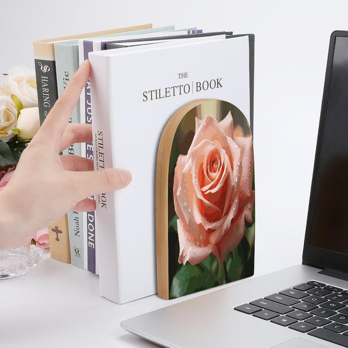 Rose Flower Pink Wooden Bookend Non-Slip Book Ends Heavy Duty Book Stopper with Metal Base Books Holderd Decorative Bookends Stands Firmly for Office Supplies