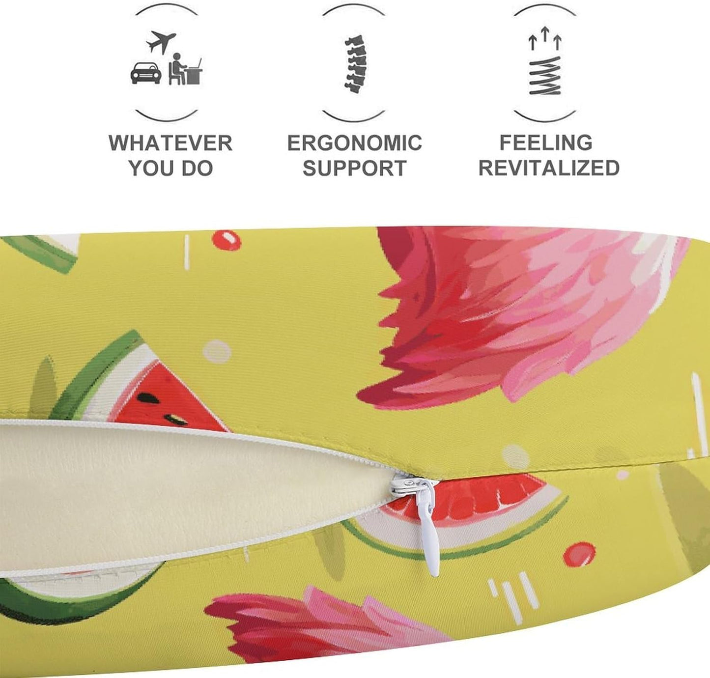 Pink Flamingo and Watermelon Neck Pillow Memory Foam U Shaped Pillows Portable Pillows for Shoulder Travel Head Support Pillow with Concealed Zipper for Airplane Car Home Office