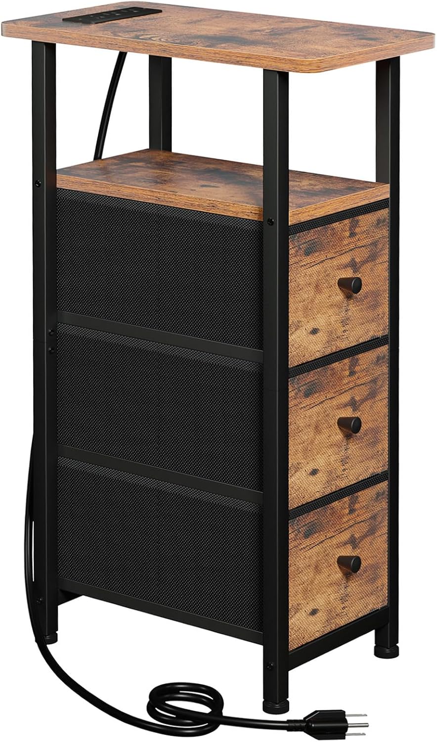 Narrow End Table Living Room with Charging Station, Skinny Side Table with Fabric Drawers, Slim Nightstand for Bedroom, Small Spaces, Couch, Brown, HETNDP03BR-1