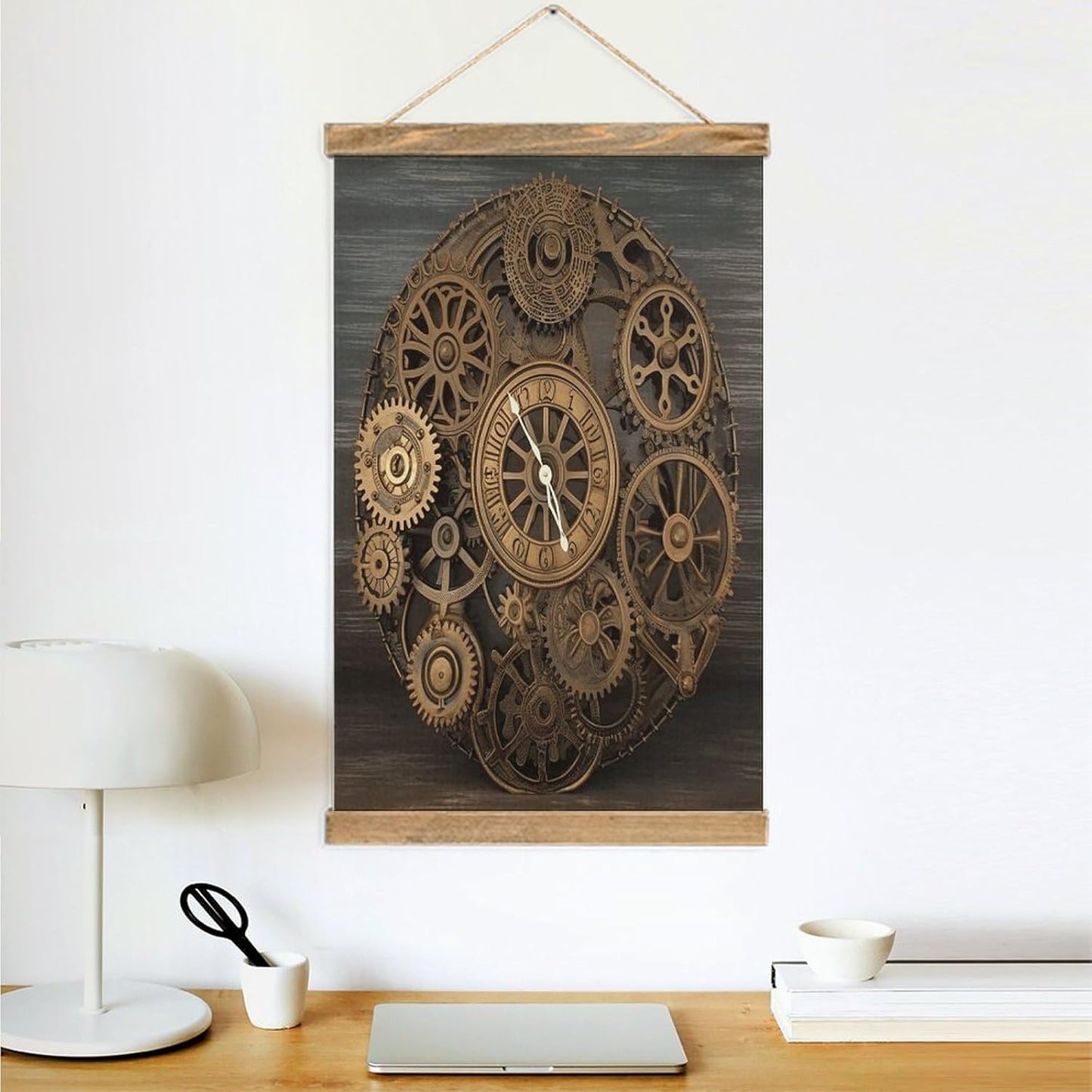 Vintage Steampunk Gears Clock Poster with Wooden Frame Personalized Linen Hanging Scroll Painting Rustic Wall Hanging Illustrative Modern Artwork Decor for Home Living Room Bedroom Office