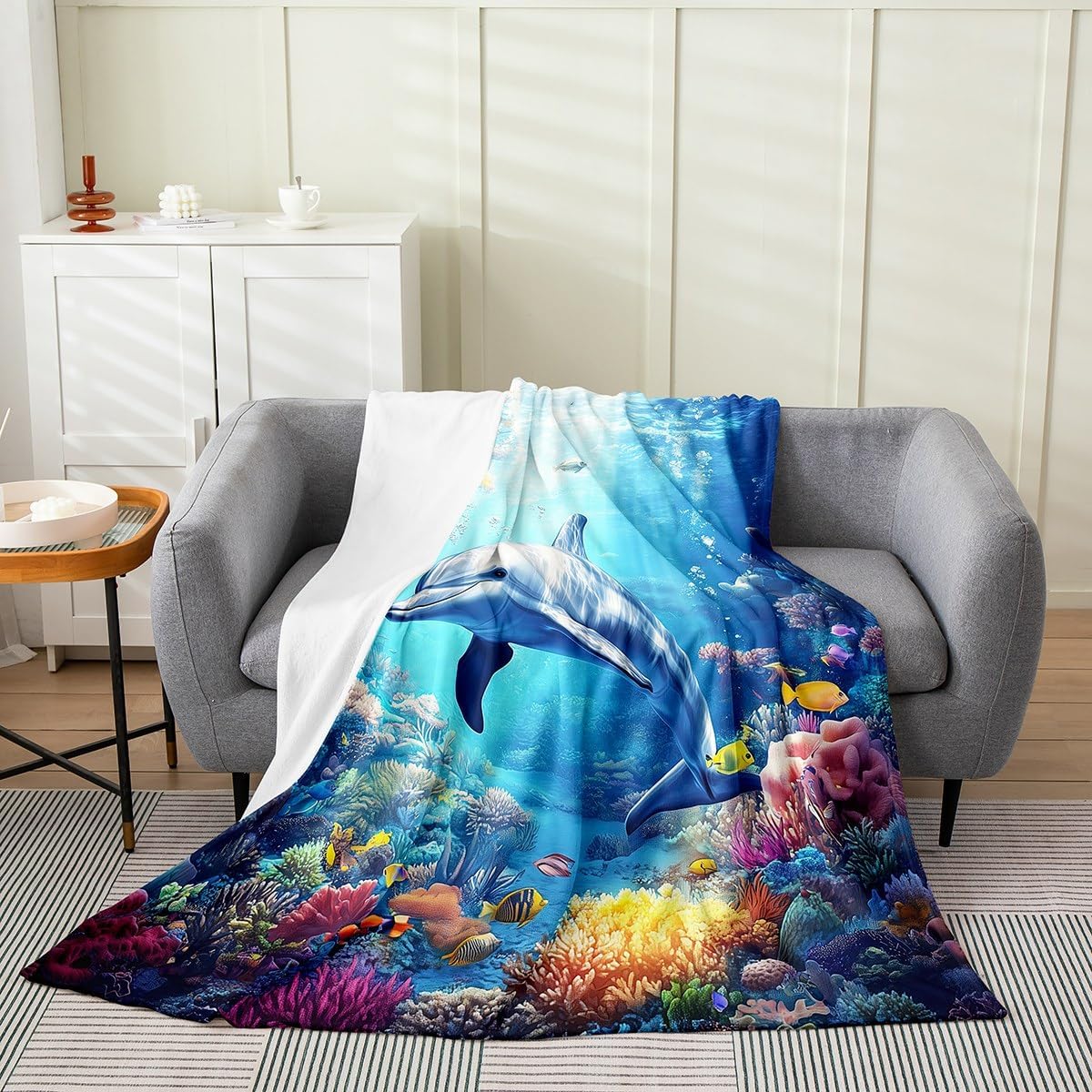 Castle Fairy 3D Dolphin Flannel Blanket,Ocean Coral Fish Blankets for Kids Boys Girls Teens Room Decor,Tropical Sealife Animals Fleece Blanket Underwater World Sherpa Blanket,for Chair/Sofa,90"×90"