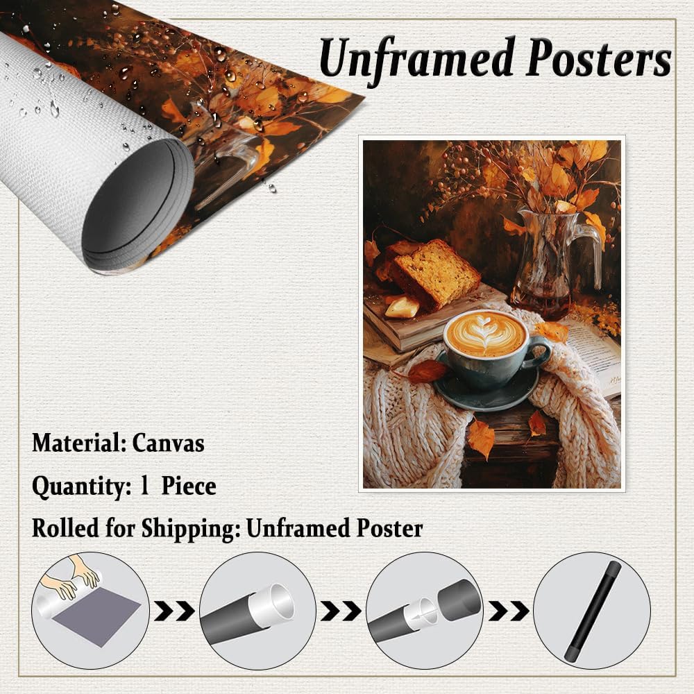 Autumn Coffee Still Life Wall Art – Cozy Fall Latte and Sweater Canvas Print with Bread, Leaves, and Books for Seasonal Kitchen or Reading Nook Decor-12x16Inch Ready to Hang (Unframed)