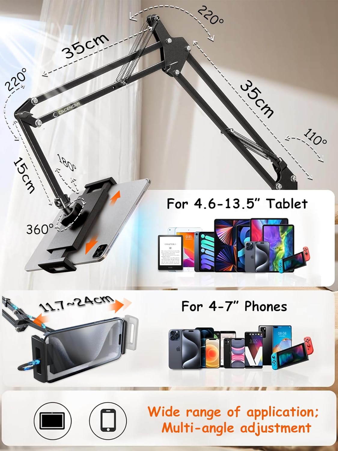 Foldable Tablet Stand, Tablet Stand Adjustable for Bed,Universal Flexible Tablet Holder with 360 Degree Rotation for iPad/iPhoneX/iPad Pro/N-Switch,or Other 4.5~12.9 Inches Devices